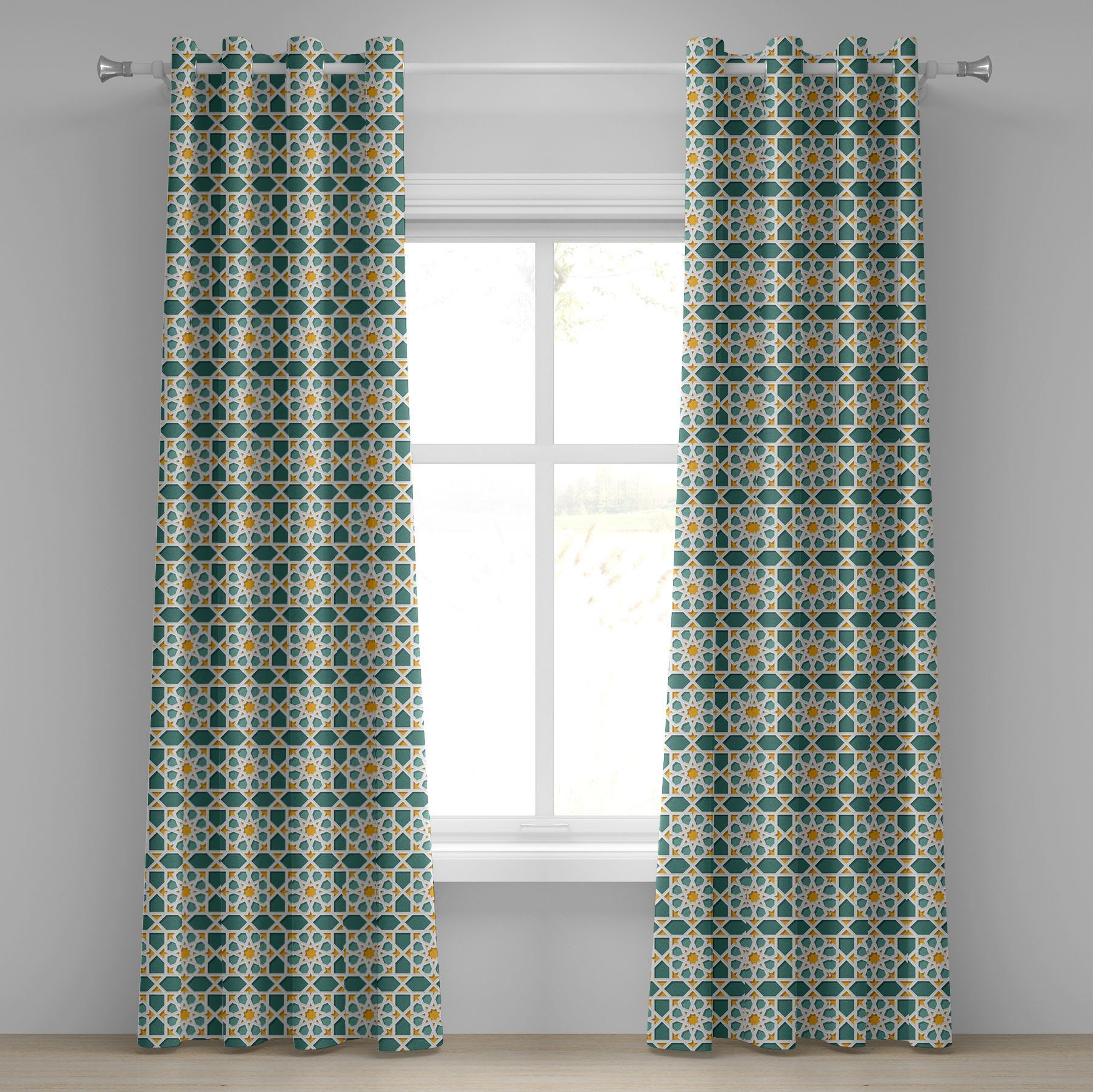 Gardine Dekorative 2-Panel-Fenstervorhänge für Schlafzimmer Wohnzimmer, Abakuhaus, Teal Marokkanische Stern-Verzierung