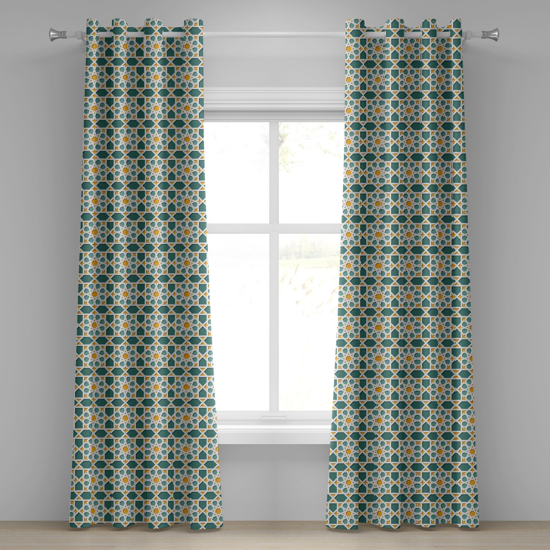 Marokkanische Schlafzimmer Gardine Wohnzimmer, Abakuhaus, Dekorative Stern-Verzierung Teal für 2-Panel-Fenstervorhänge