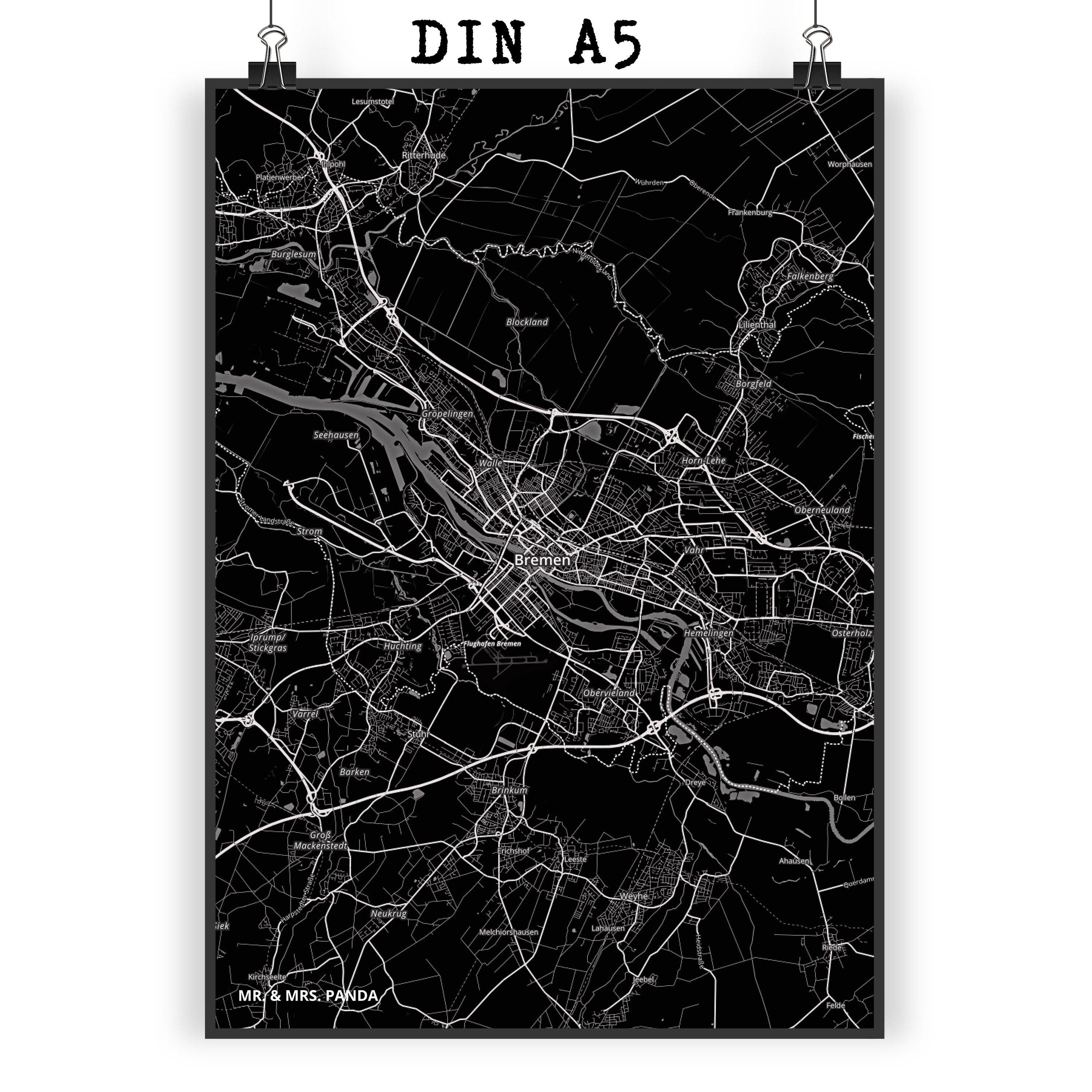 Mr. & Mrs. Panda Poster DIN A5 Bremen - Geschenk, Wanddeko, Städte, Kunstdruck, Kinderposter, Stadt Black (1 St), Detailreiche Motive