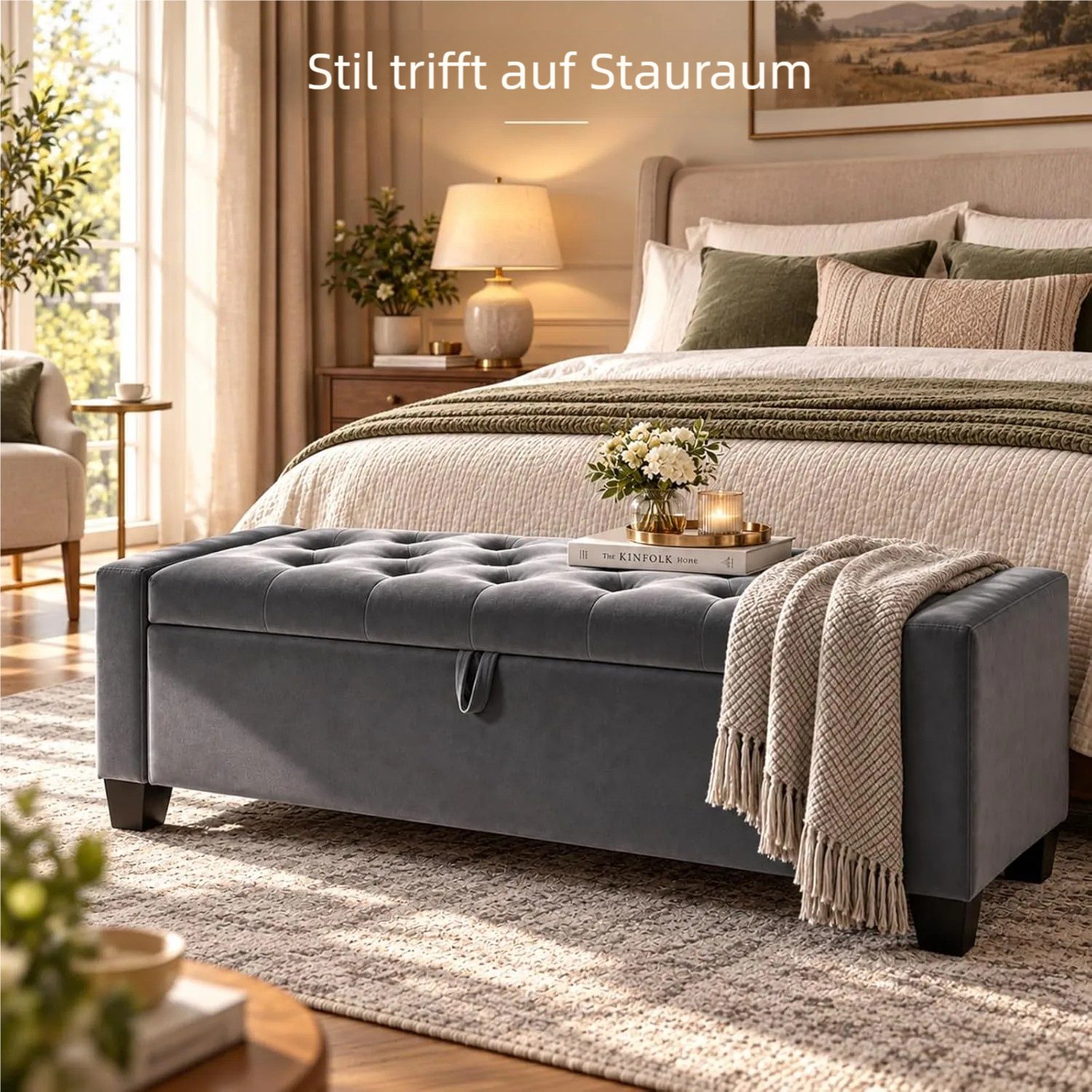 TLGREEN Bettbank Samt Sitzbank mit Stauraum,123x49x42 cm Aufbewahrungsbank, (bis 200 kg belastbar), für Wohnzimmer Schlafzimmer Flur – Bild 3 von 5
