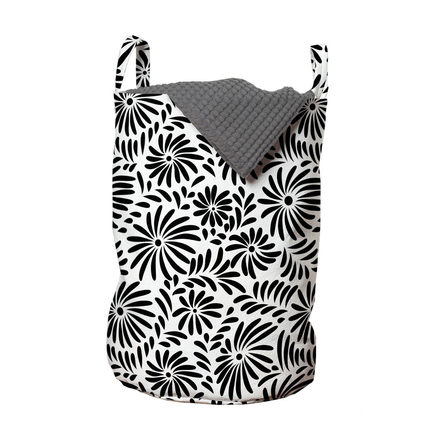 Abakuhaus Wäschesäckchen Wäschekorb mit Griffen Kordelzugverschluss für Waschsalons, Schwarz und weiß einfache Blumen