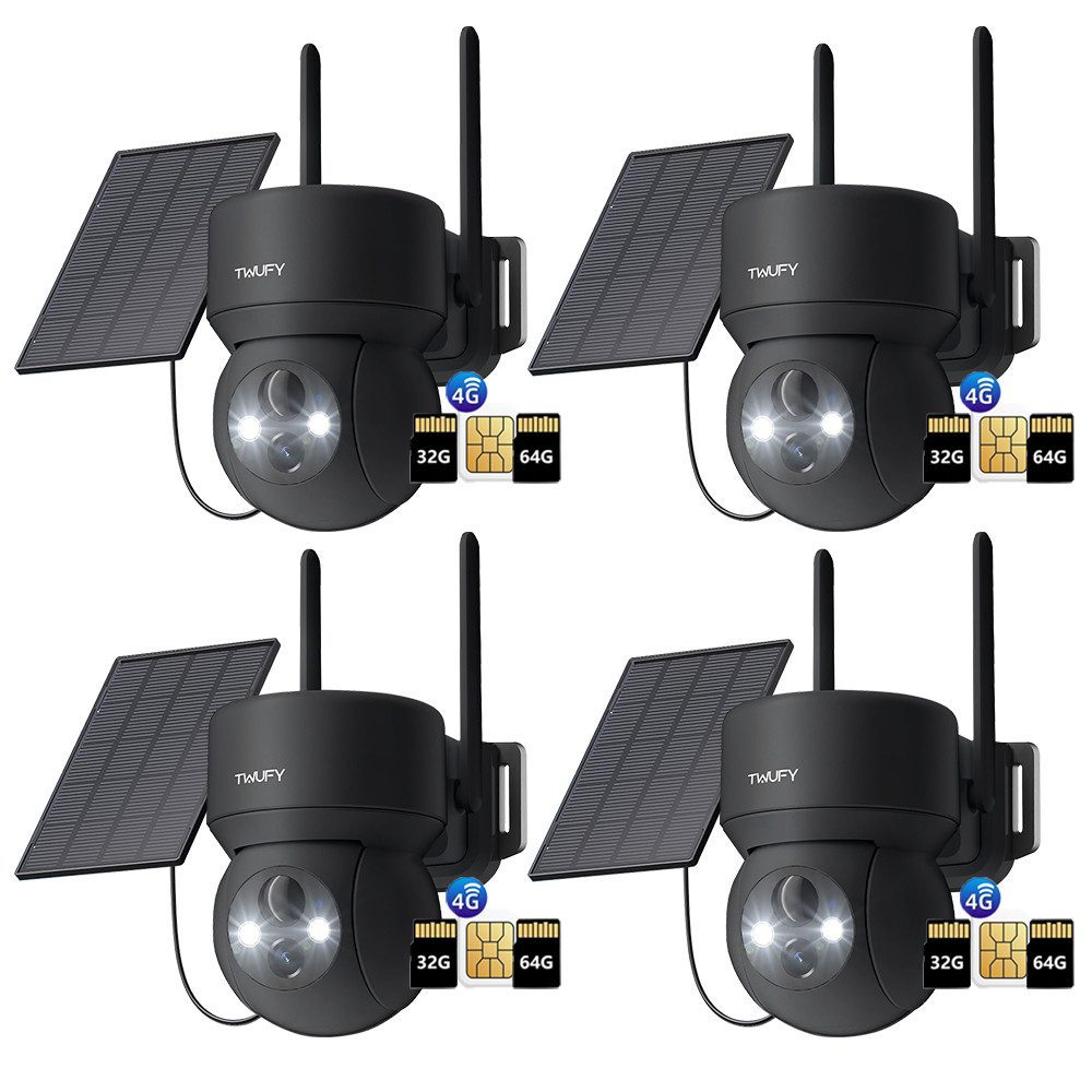 ZREE Überwachungskamera 4 Stück 4G LTE Überwachungskamera Aussen mit SIM Karte & 32&64GB karte (Aussen, Außenbereich, Wald, Farm, Campingbus, Straße, 355°/90° Schwenkbar PTZ Kabellos IP Kamera Ohne WLAN Outdoor Kamera, 2K Farbe Nachtsicht aussenkamera PIR Erkennung 2-Wege-Audio, 4-fachen digitalen Zoom IP66 Wasserdicht für Garten, Hof)