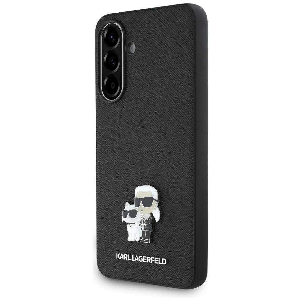 KARL LAGERFELD Handyhülle Galaxy A36 Kunstleder geriffelt schwarz Figuren Logo Metall 6,7 Zoll, Kantenschutz