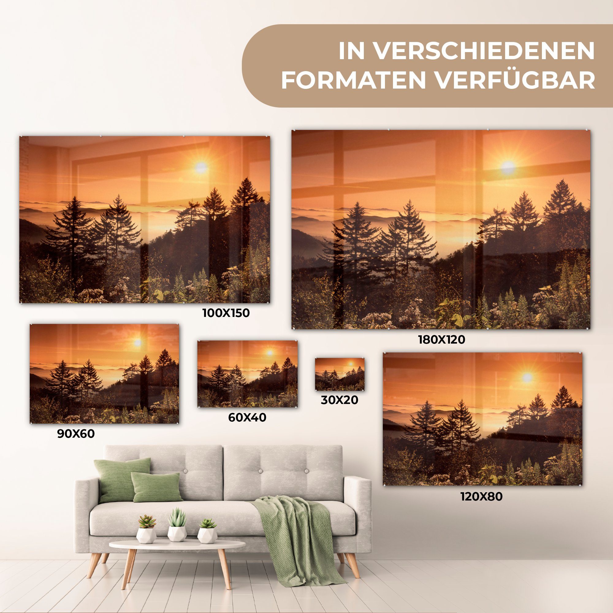 Berg Acrylglasbild Sonne - (1 Schlafzimmer Bäume Acrylglasbilder - Wohnzimmer St), Horizont, & - MuchoWow