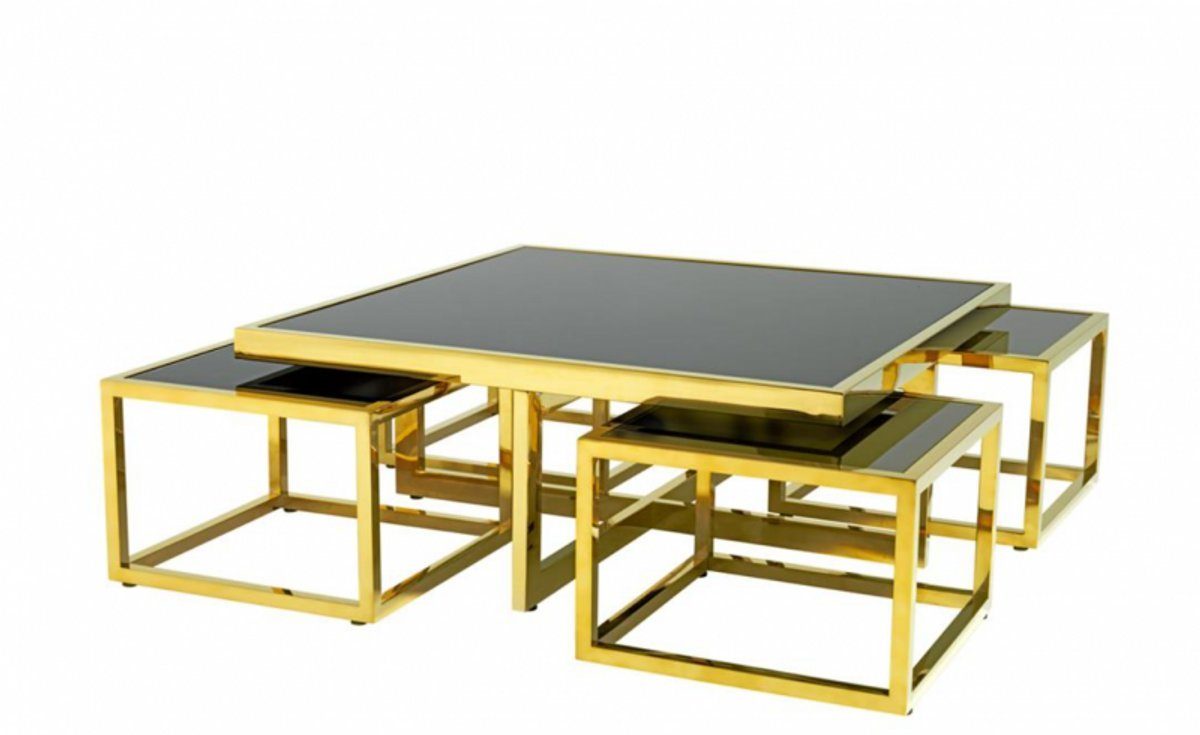 Couchtisch Luxus Art Deco Designer Couchtisch 5er Set Gold mit schwarzem Glas - Salon Tisch - Luxus Qualität