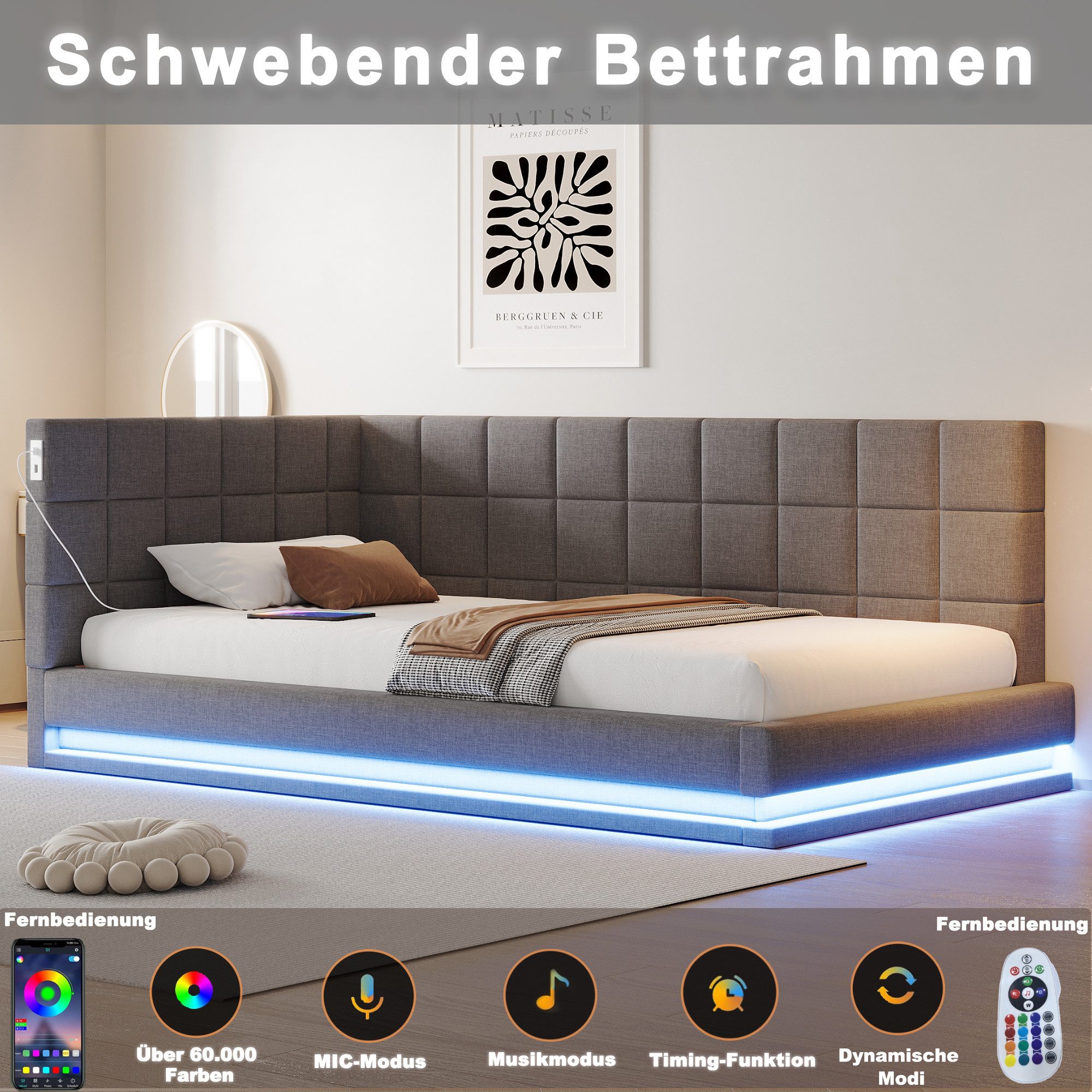 REDOM Schlafsofa Polsterbett,Funktionsbett,Jugendbett, Multifunktionales Polsterbett-Schlafsofa mit LED-Lichtleiste und USB-Anschluss. 90x200 cm, ohne Matratze