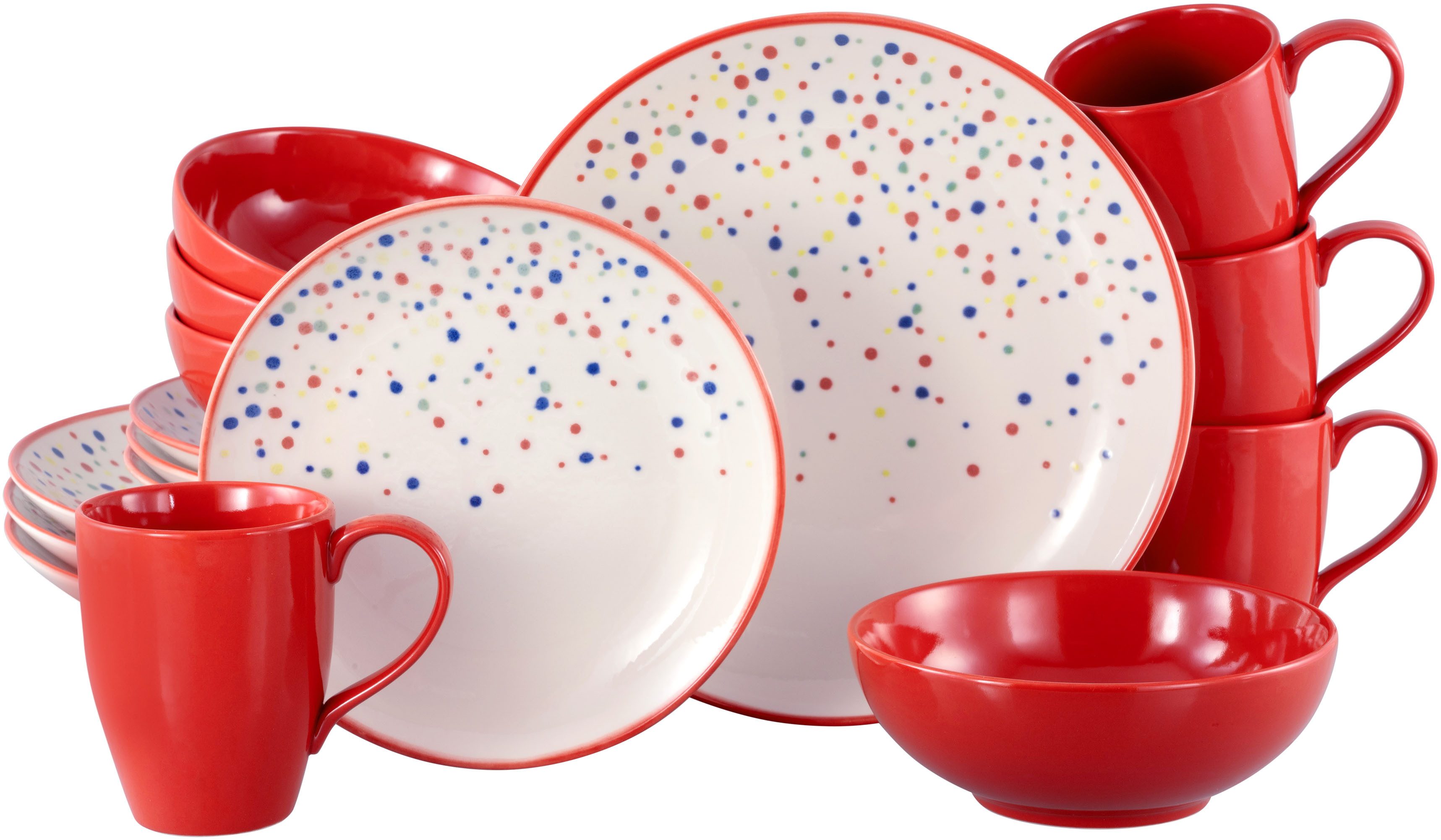 CreaTable Kombiservice Joy, Kombi-Service 16-tlg. (16-tlg), 4 Personen, Steinzeug, Unregelmäßige bunte Punkte, Gute Laune Geschirr, Frisch, Freundlich