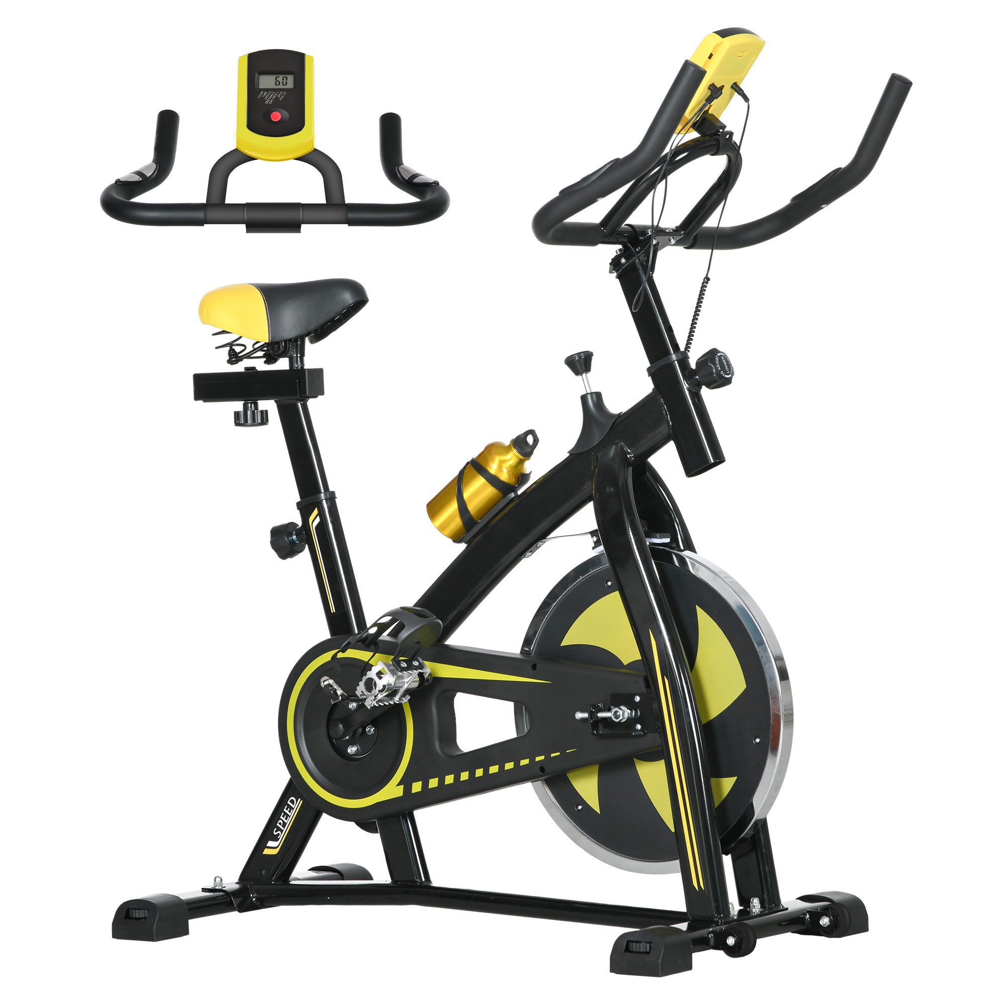 SPORTNOW Heimtrainer mit verstellbarem Sitz, Widerstand, LCD-Display, Herzfrequenz-Sensor (Fahrradtrainer), Indoor Cycling Bike, Stahl, Gelb