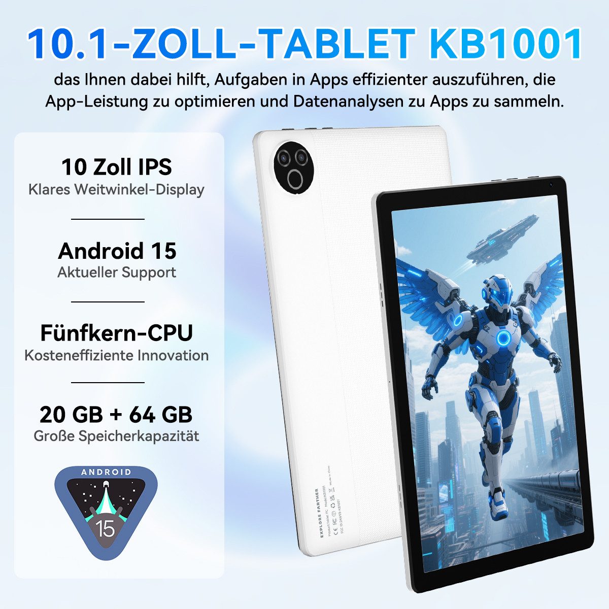 BUFO 10 Zoll Android 15, 20(3+17)GB+64GB, 1280x800 HD Display, WiFi 6 Tablet (10", 64 GB, Android, WiFi, Android 15, 5-Core 1.8 GHz 20 (3+17) GB RAM, HD IPS-Touch-Bildschirm)