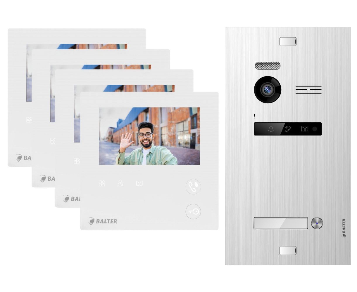 Balter Video-Türsprechanlage EVO MINI Komplettsystem für 1-Familienhaus Silber 4x 4.3" Monitore (Set, 1-Familienhaus, Komplettsett, 2-Draht BUS, 150° Weitwinkel-Kamera)