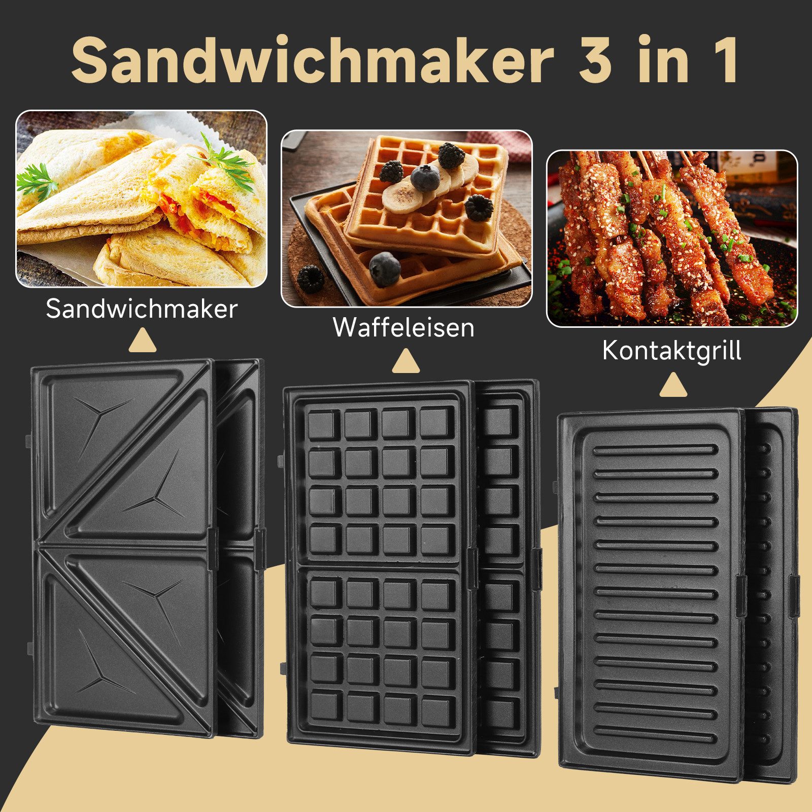 Aigostar 3-in-1-Kombi-Waffeleisen 750 W Sandwichmaker, 3 Austauschbare Platten, Beidseitiges Grillen, 750,00 W, Antihaftbeschichtet, Automatisches Thermostat, Wärmeisolierender Griff