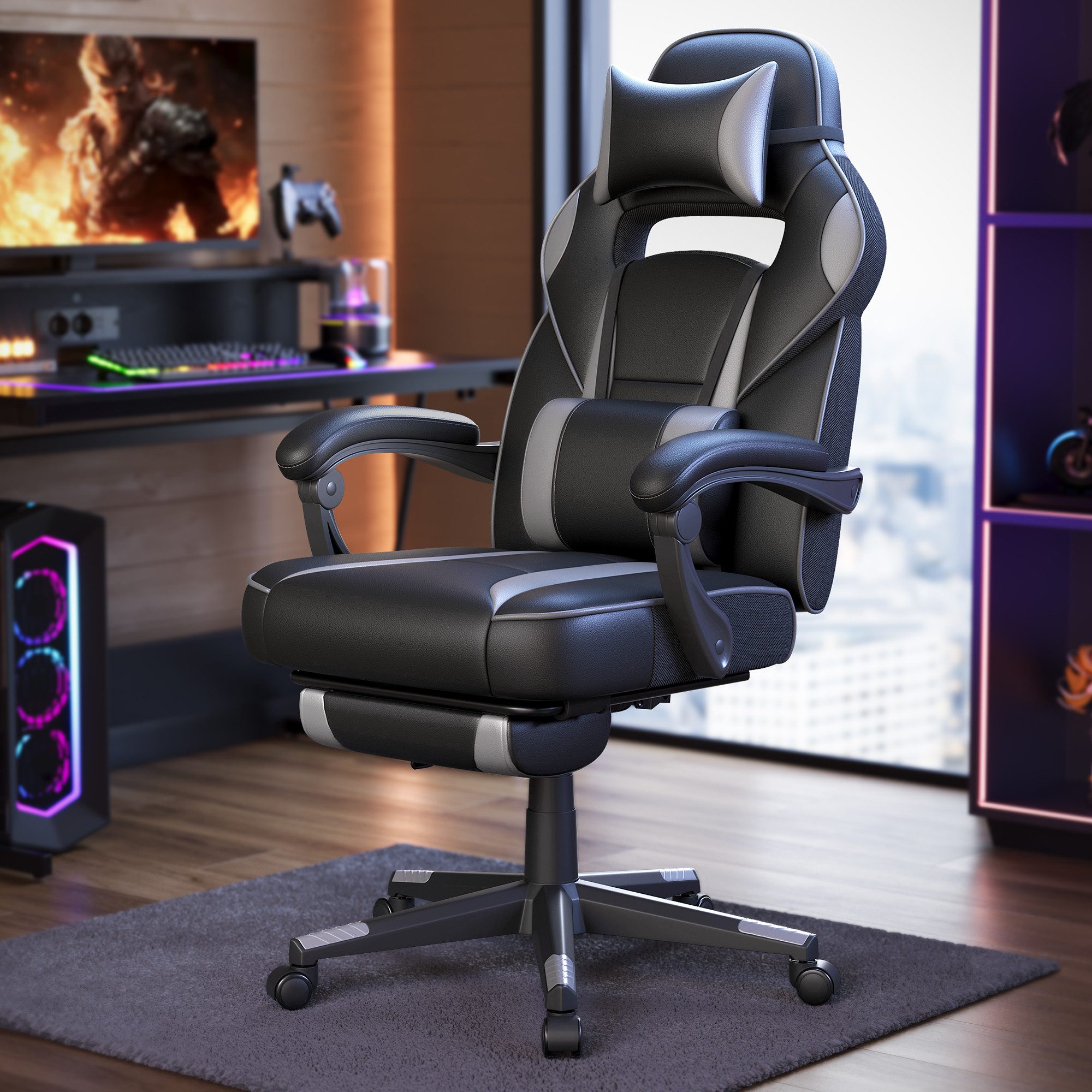 SONGMICS Gaming-Stuhl Bürostuhl, ergonomischer, mit Fußstütze, Kopfstütze und Lendenkissen