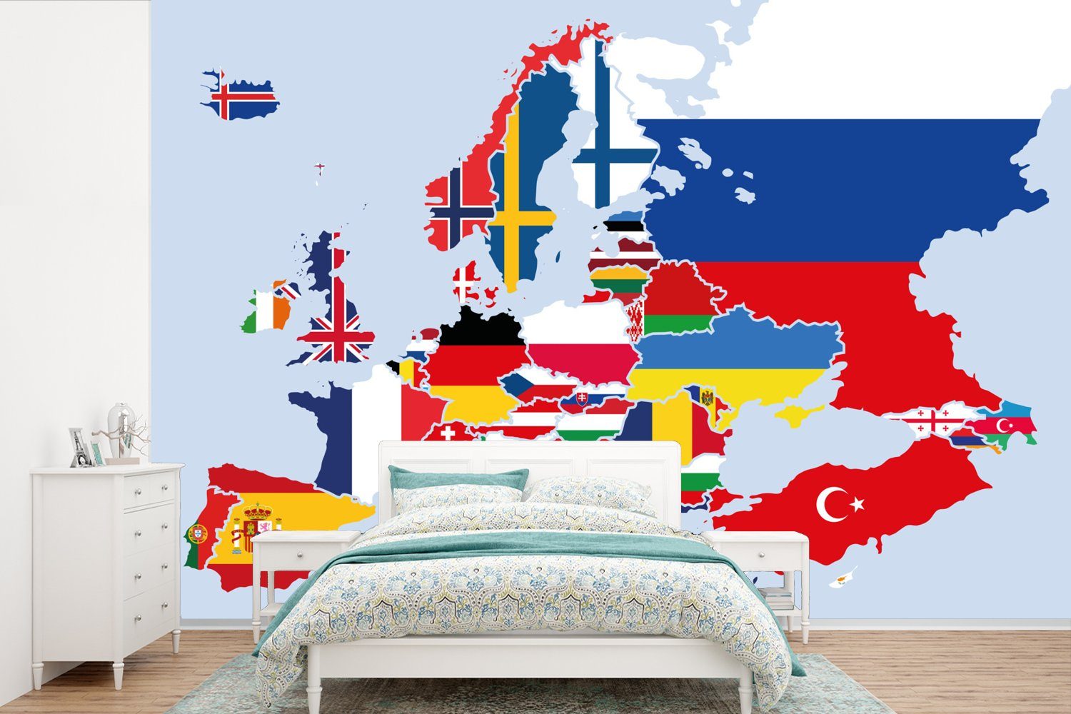 MuchoWow Fototapete Karte - Europa - Flagge, Matt, bedruckt, (6 St), Wallpaper für Wohnzimmer, Schlafzimmer, Kinderzimmer, Vinyl Tapete