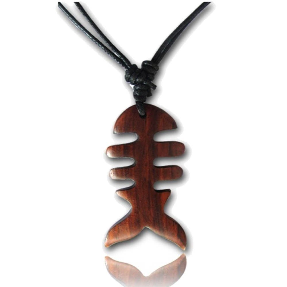 viva-adorno Kette mit Anhänger Halskette Holzanhänger Fisch Tribal Baumwollband Holzkette, Länge verstellbar