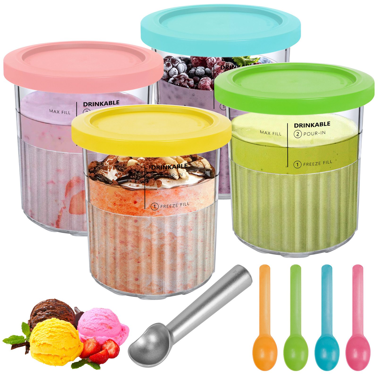 OSTWOLKE Eisbereiteraufsatz 4 x Behälter für Ninja Creami Deluxe Pints Eisbehälter für NC500 NC501, 680ML Auslaufsiche Eiscremebehälter mit Deckel