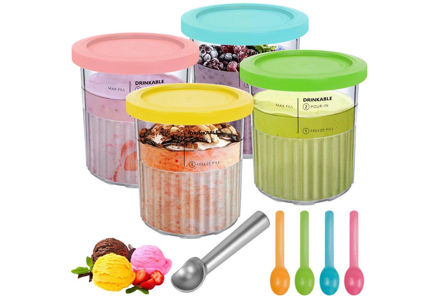OSTWOLKE Eisbereiteraufsatz 4 x Behälter für Ninja Creami Deluxe Pints Eisbehälter für NC500 NC501, 680ML Auslaufsiche Eiscremebehälter mit Deckel