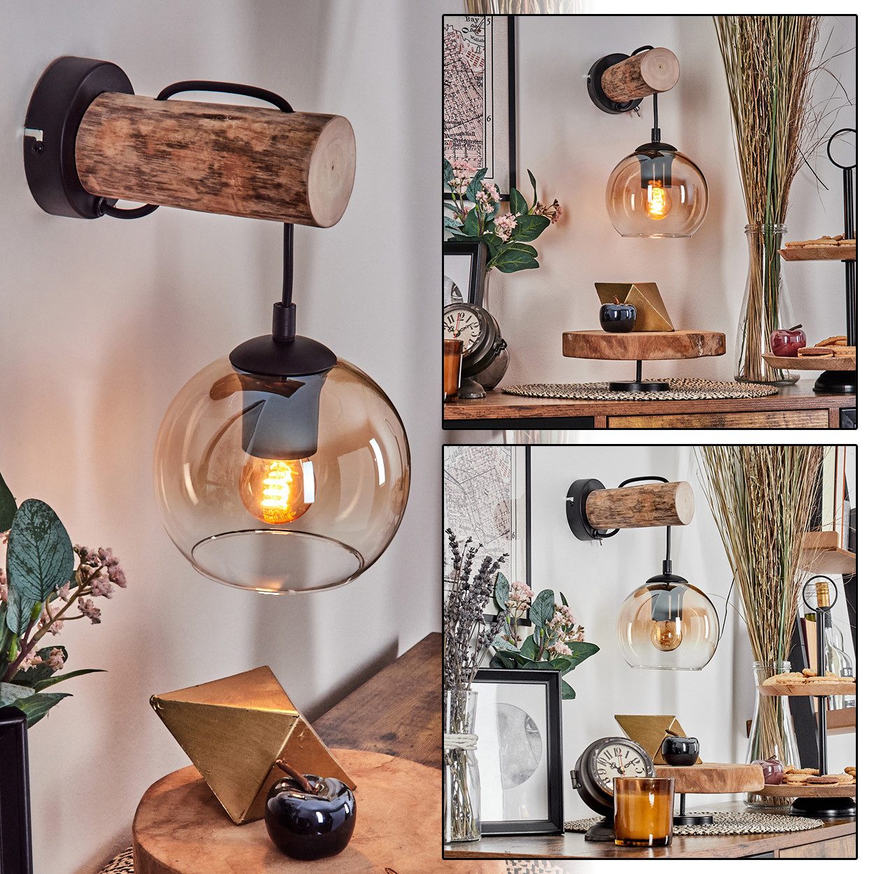 hofstein Wandleuchte moderne Wandlampe aus Holz/Metall/Glas in Naturfarben/Bernsteinfarben, ohne Leuchtmittel, modernen Retro/Vintage-Design Leuchte, Glasschirm (15 cm), 1 x E27