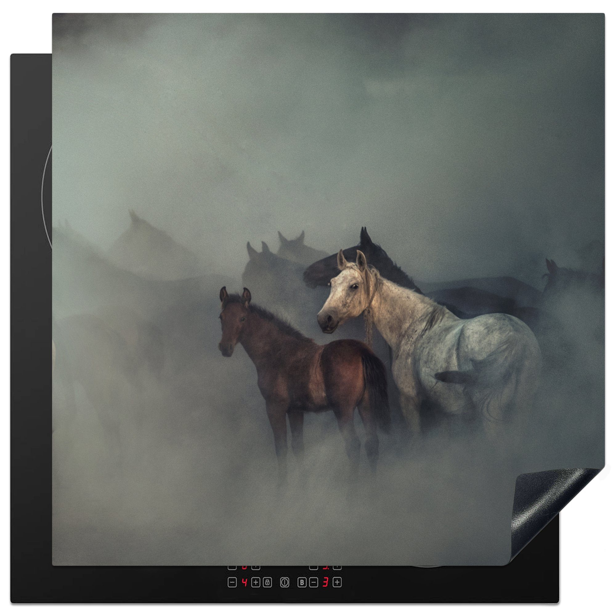 MuchoWow Herdblende-/Abdeckplatte Pferde - Nebel - Herde, Vinyl, (1 tlg), 78x78 cm, Ceranfeldabdeckung, Arbeitsplatte für küche