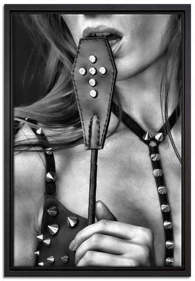 Pixxprint Leinwandbild Sexy Woman mit Lederpeitsche, Wanddekoration (1 St), Leinwandbild fertig bespannt, in einem Schattenfugen-Bilderrahmen gefasst, inkl. Zackenaufhänger