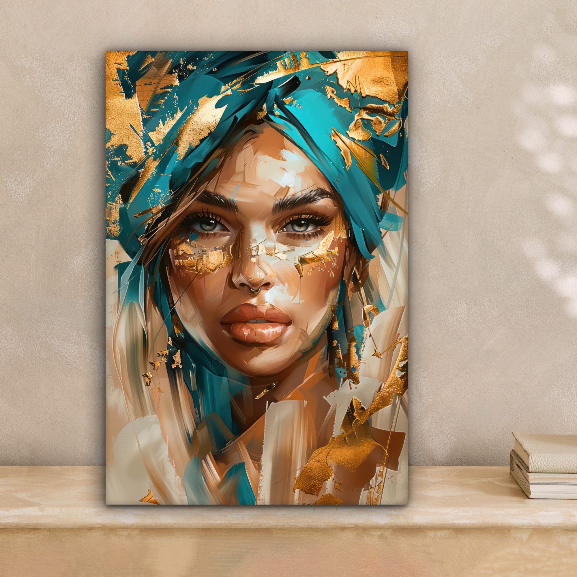 OneMillionCanvasses® Leinwandbild Frau - Porträt - Gold - Luxus - Blau, Fot günstig online kaufen