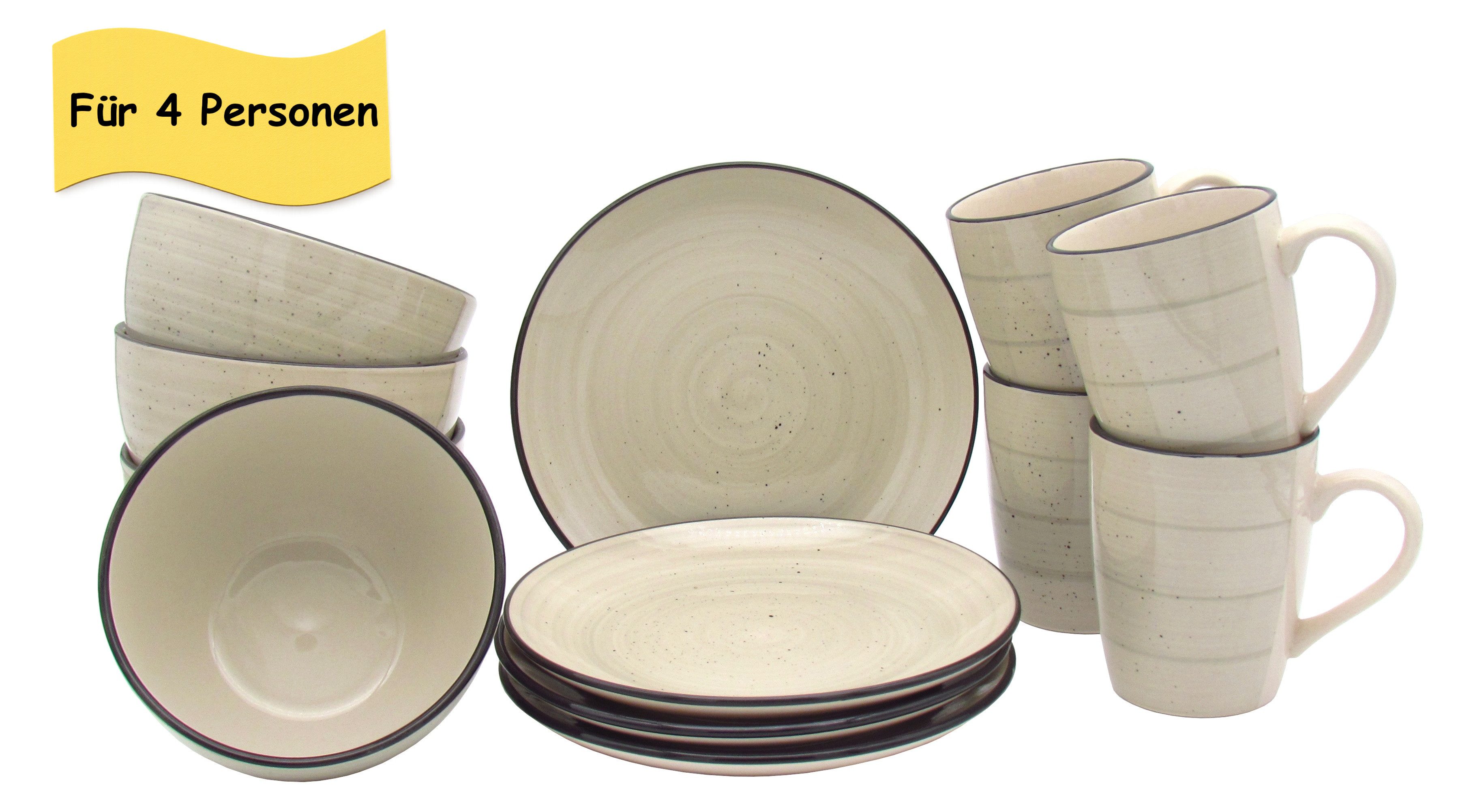 steinwohn Frühstücks-Geschirrset Keramik Frühstücks-Service 12-/18-teilig für 4 oder 6 Personen (12-tlg), Vintage Look, Spülmaschinen- & Mikrowellengeeignet