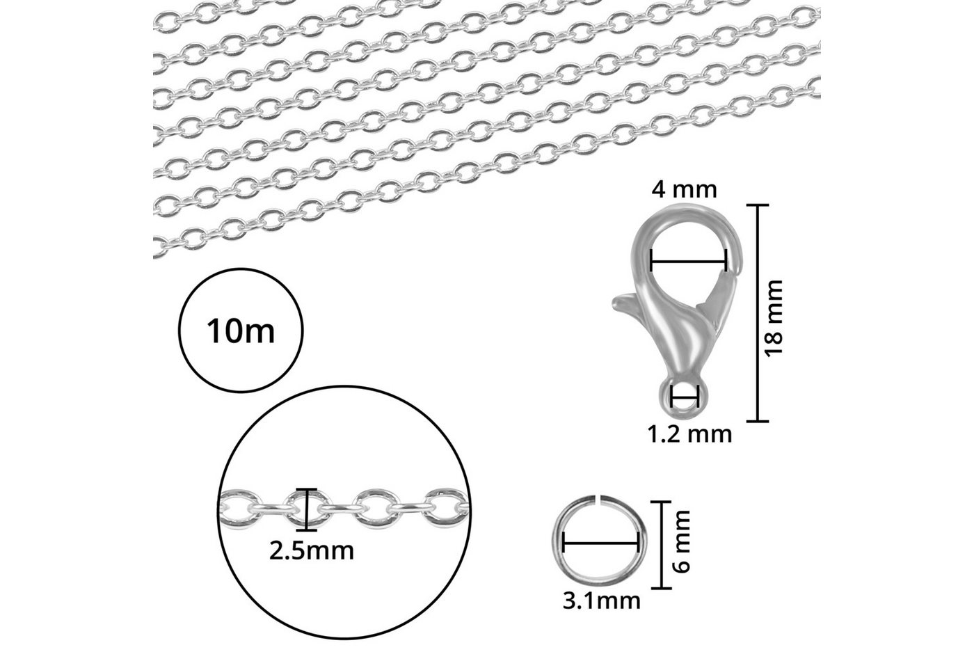 Thumbnail - Kurtzy Streudeko Silberne Kette für DIY Schmuckherstellung - 10m Länge x 2,5mm Breite, (1-tlg)
