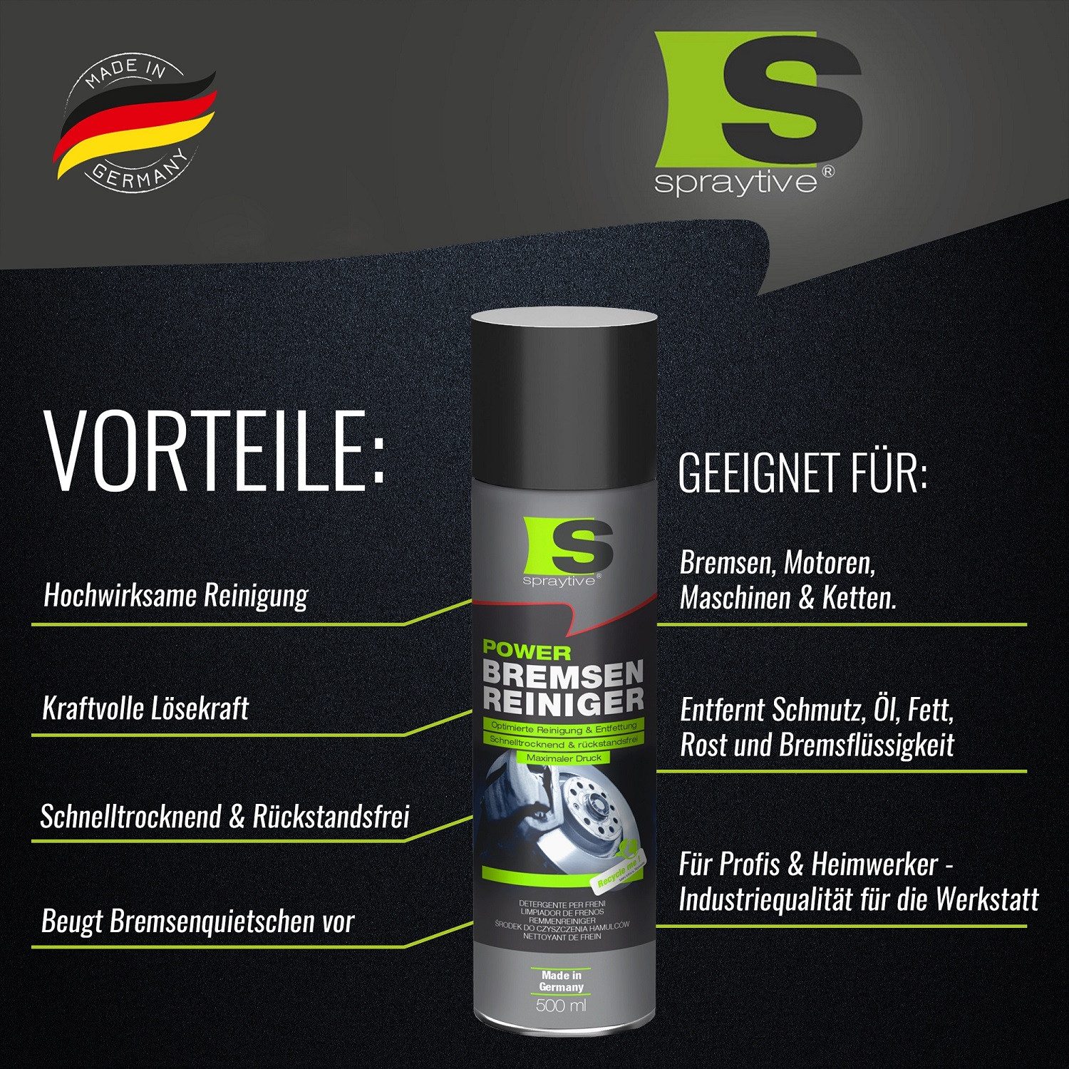 Spraytive 1x 500ml Power Teilereiniger-Spray - Hochwirksamer Kaltreiniger und Bremsenreiniger (Made in Germany)