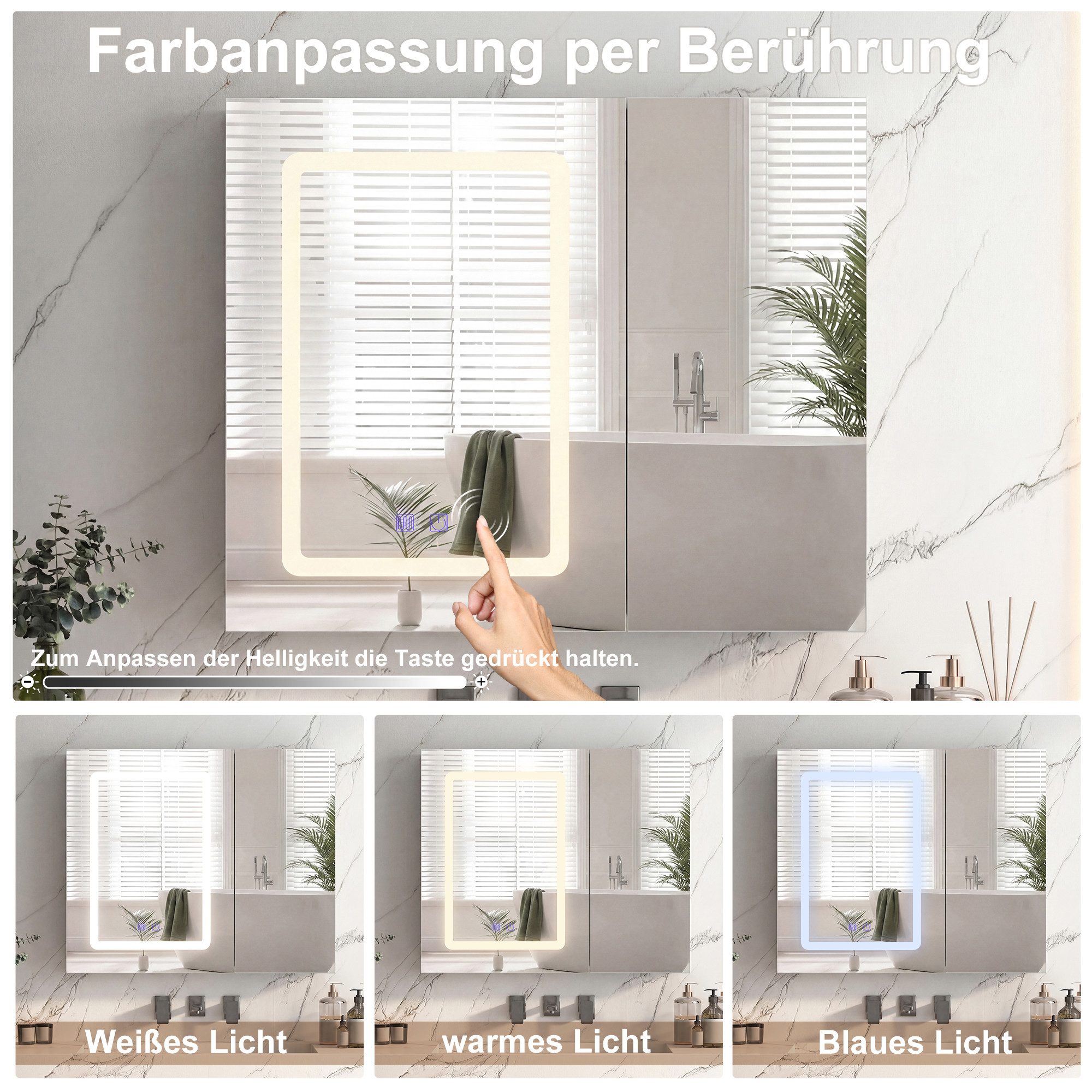 Simurq Spiegelschrank Bad mit Beleuchtung und offene Regal, Anti-Beschlag, 1 Türen (Badschrank mit Spiegel & verstellbare Ablagen) Badezimmerspiegelschrank Hängeschrank