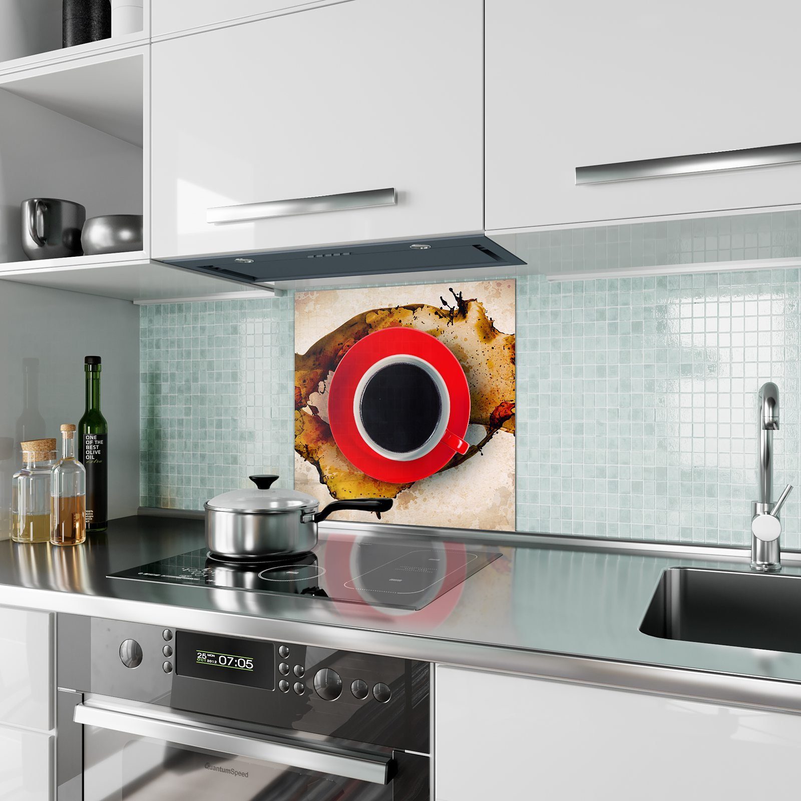 Primedeco auf Küchenrückwand Spritzschutz Espressotasse mit Glas Splash Motiv Küchenrückwand