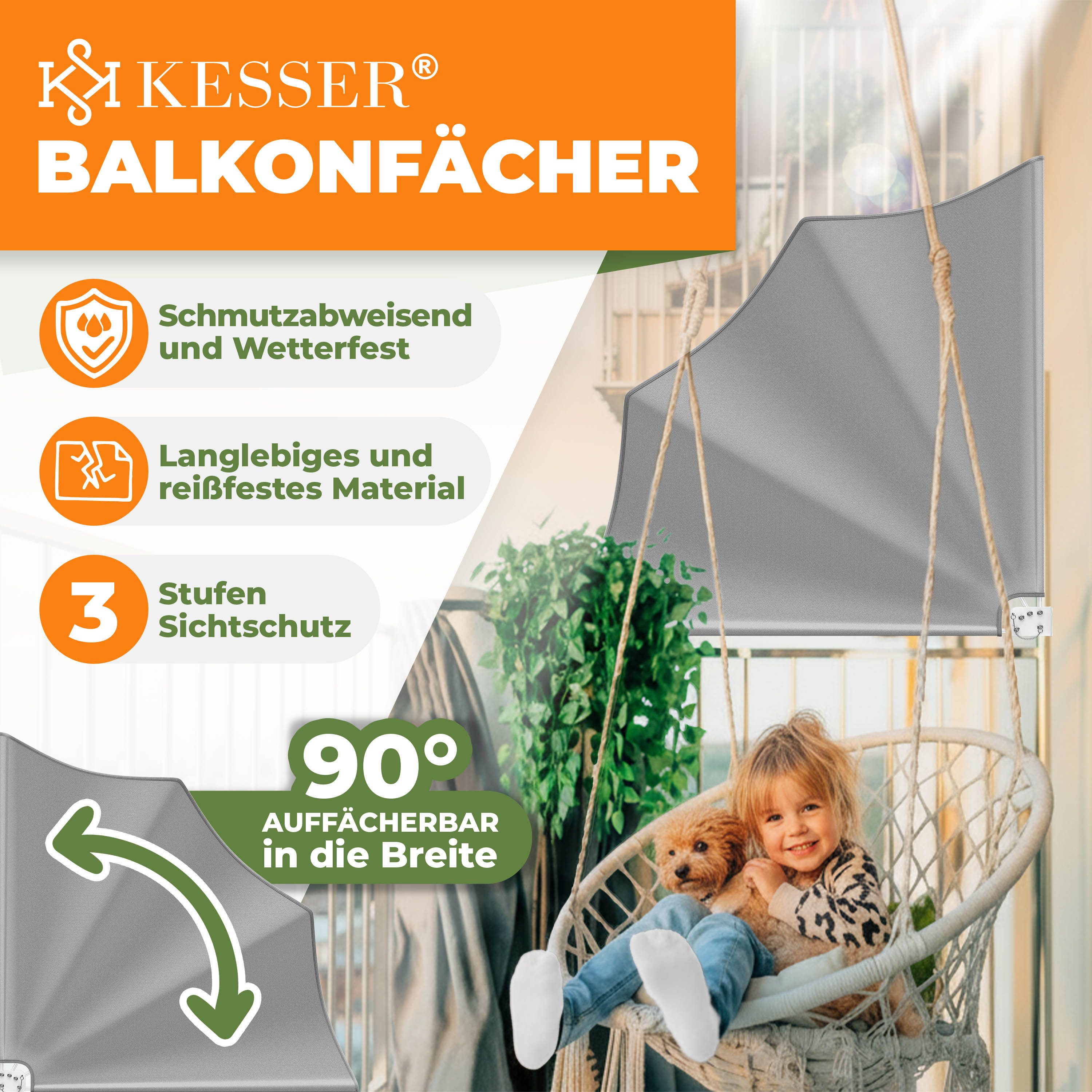 KESSER Balkonsichtschutz Balkonfächer klappbar mit Wandhalterung 140x140cm Markise Sichtschutz