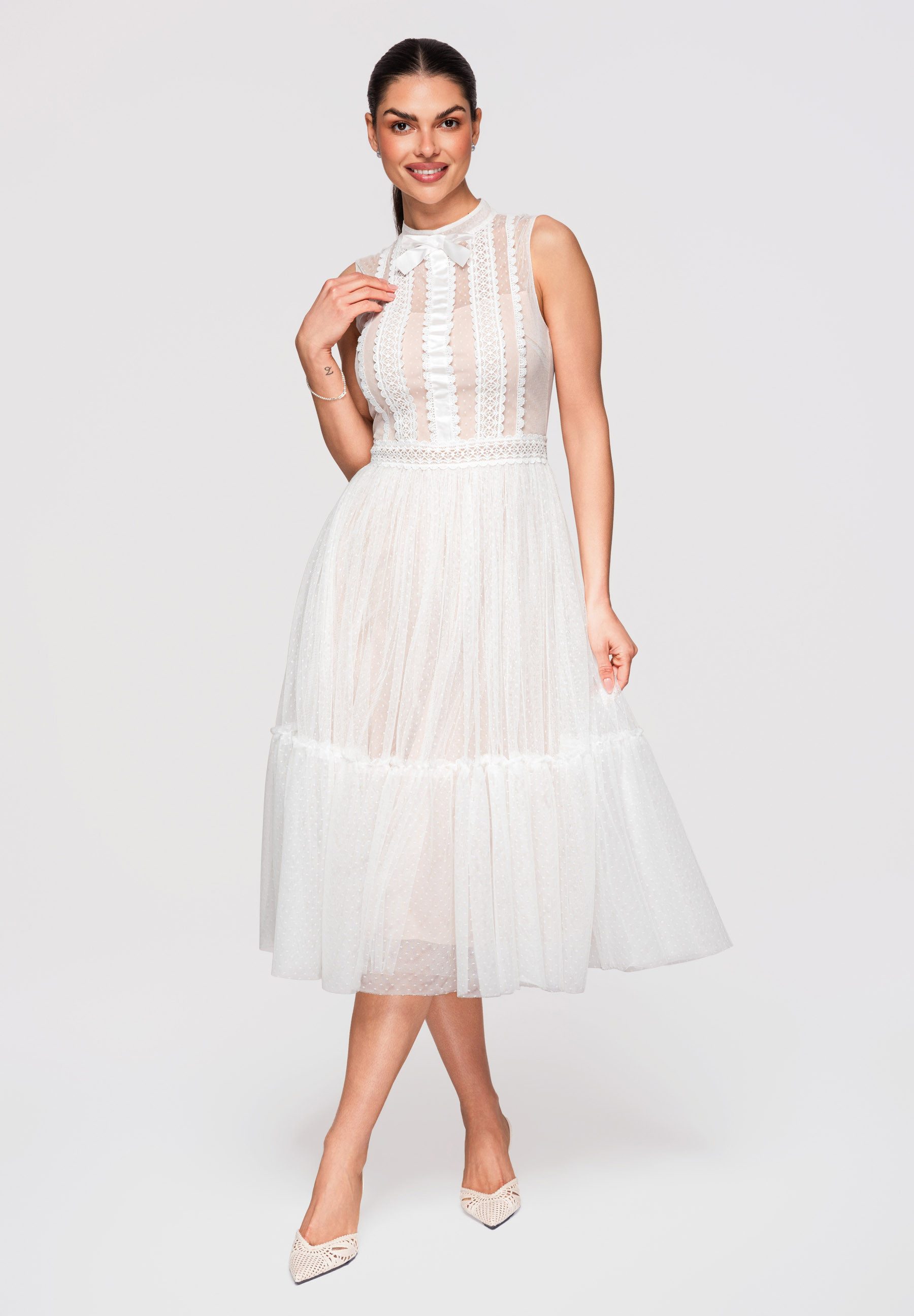 OMBRE Abendkleid Damen Midi Kleid Ausgestellt Elegant Weiß M (kein Set, 1-tlg) Dekorative Schleife am Ausschnitt, Koronkowy panel