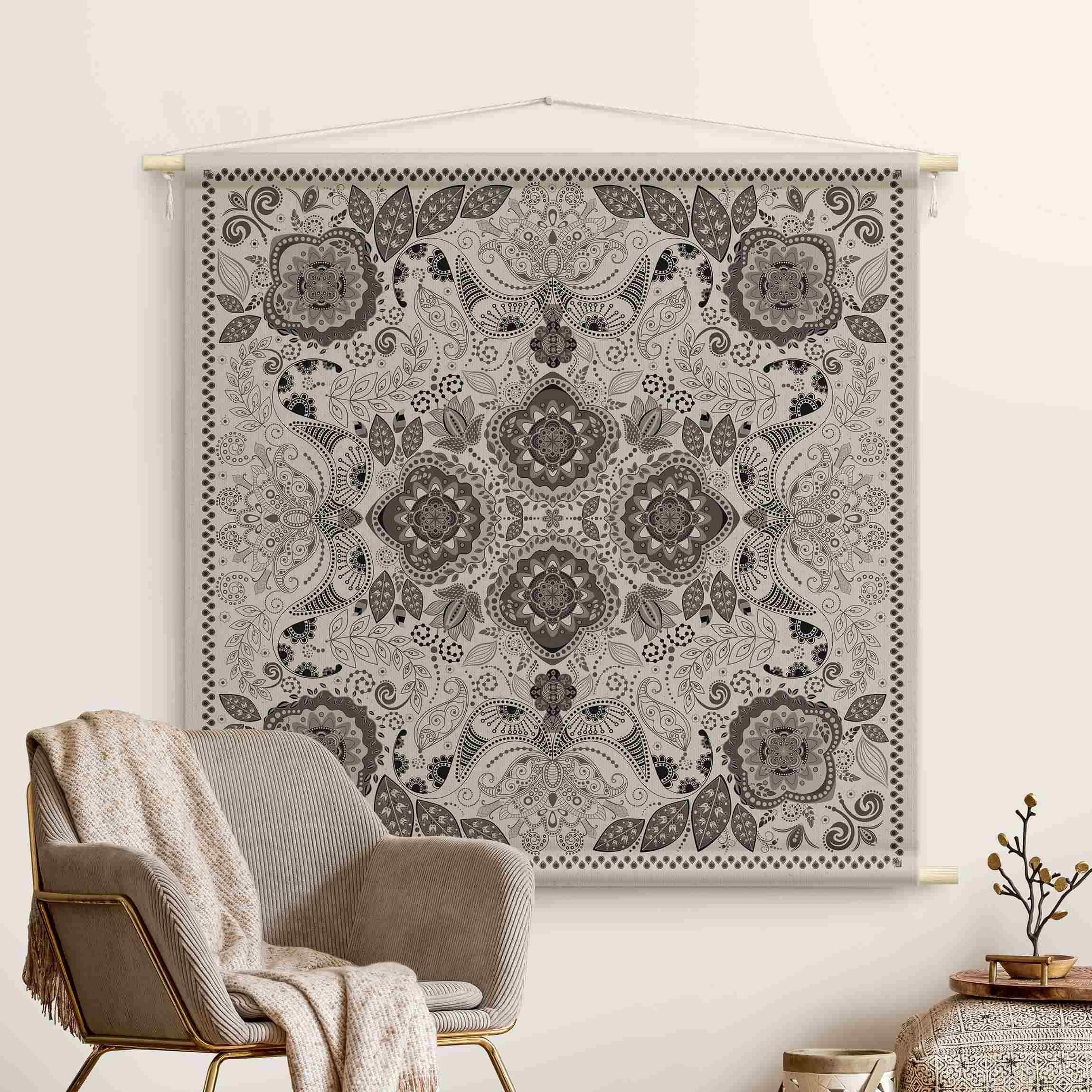 Bilderdepot24 Wandteppich modern Boho Muster Paisley Orientalisch Spirituell grau, quadratisch, Höhe: 2.6 mm, großes Wandbild aus Natur-Baumwolle Wandbehang Stoffbild Tuch Wollseil