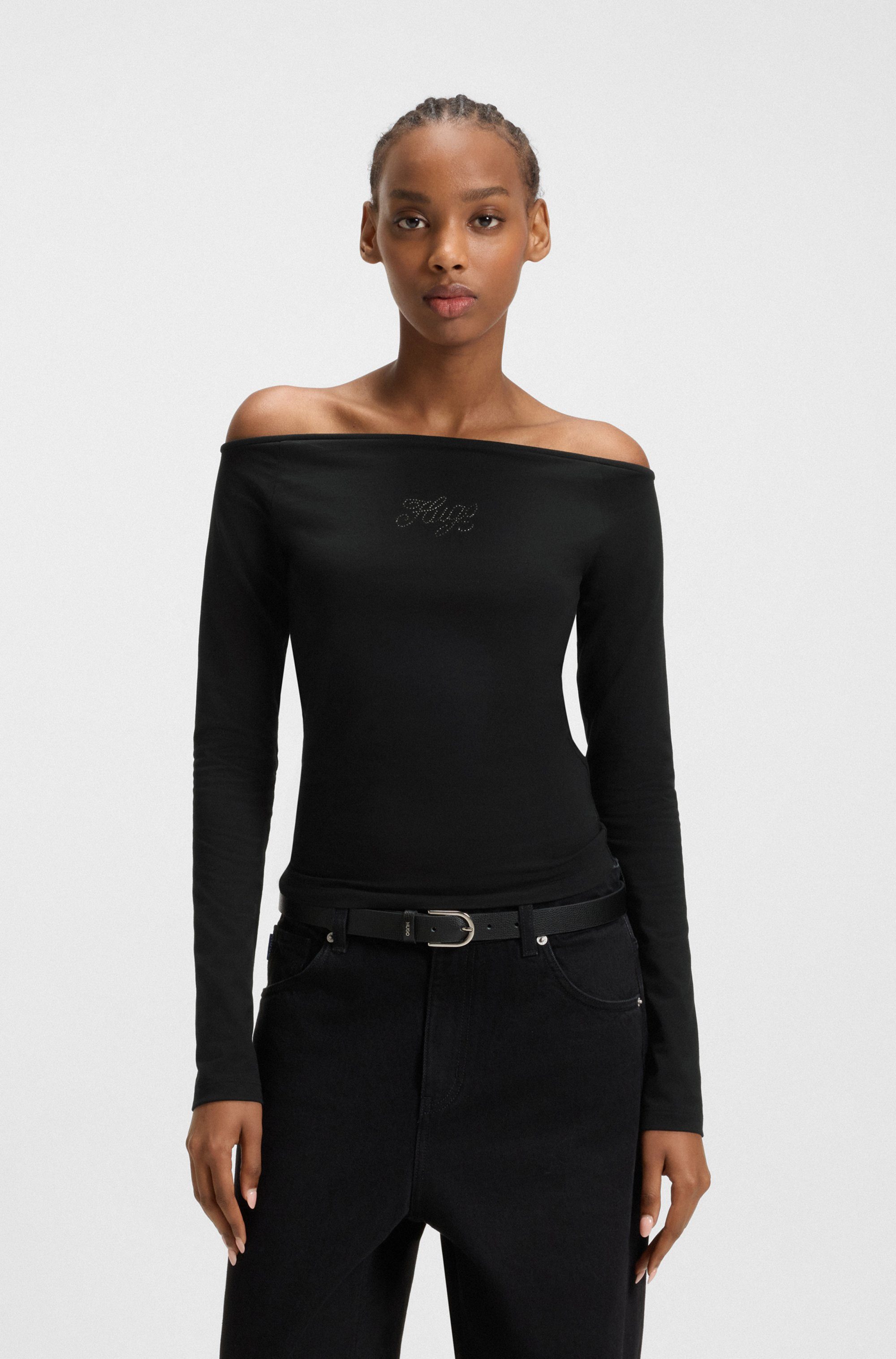 HUGO Blue Langarmshirt Dolder schulterfrei, mit Strasssteinbesatz vorn günstig online kaufen