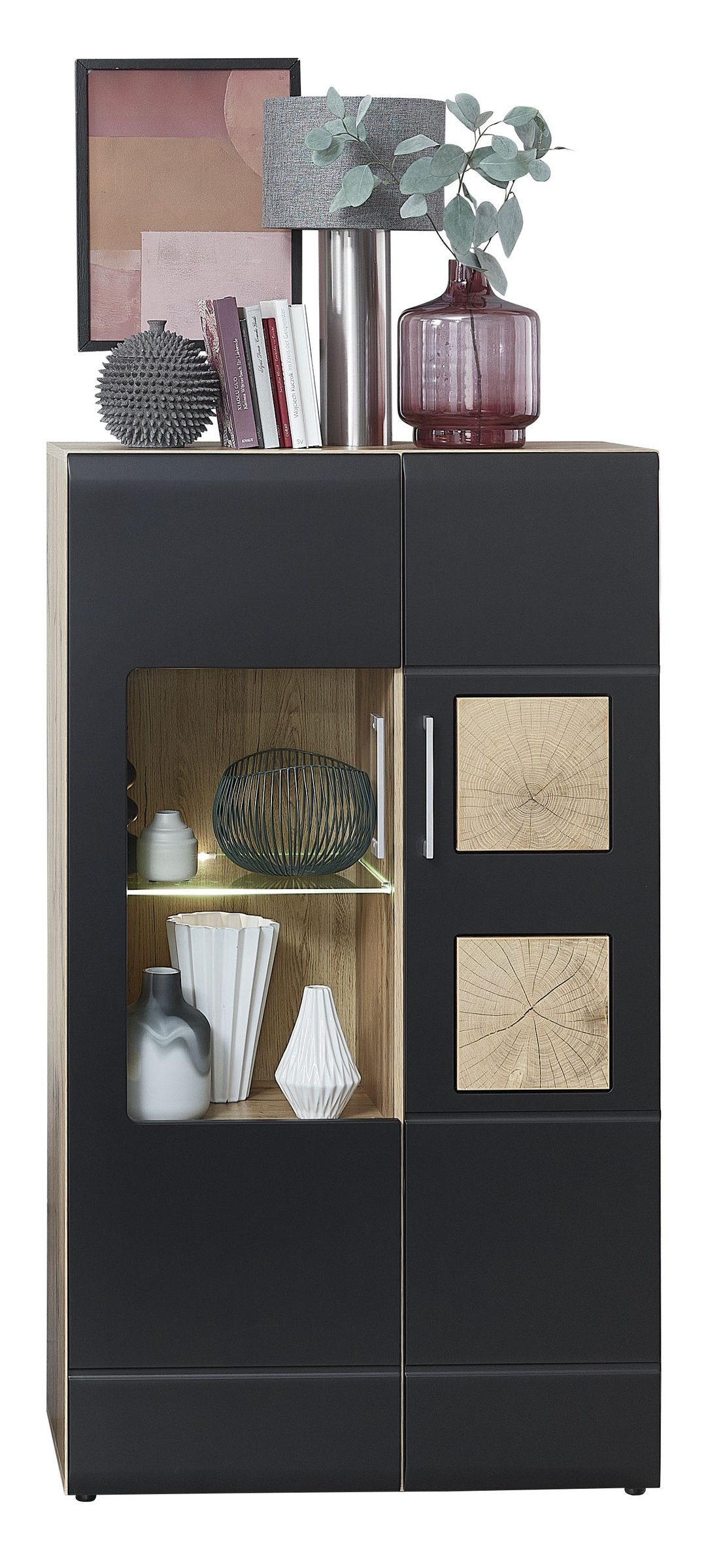 Fächer, Holz/Glastüren, Vitrine 4 bestehend Altholz Moderne Breite Front schwarz und 7 aus: in (4-St), insgesamt 2 in in Vitrine, 340 Wandboard, Absetzung Holzboden, kleine Griffen Wohnwand, Laminat Nachbildung, Lack 208 52 Unterteil, Glasboden Einlegeböden. "Sidonia cm. supermatt, Holztür, offene möbelando Spanplatte 1 matt, 2 5 Wohnwand 1 Schubkästen, TV Hirtenholz cm, cm, Glasböden, Nachbildung, II", Eiche chrom Tiefe Höhe in 1 mit