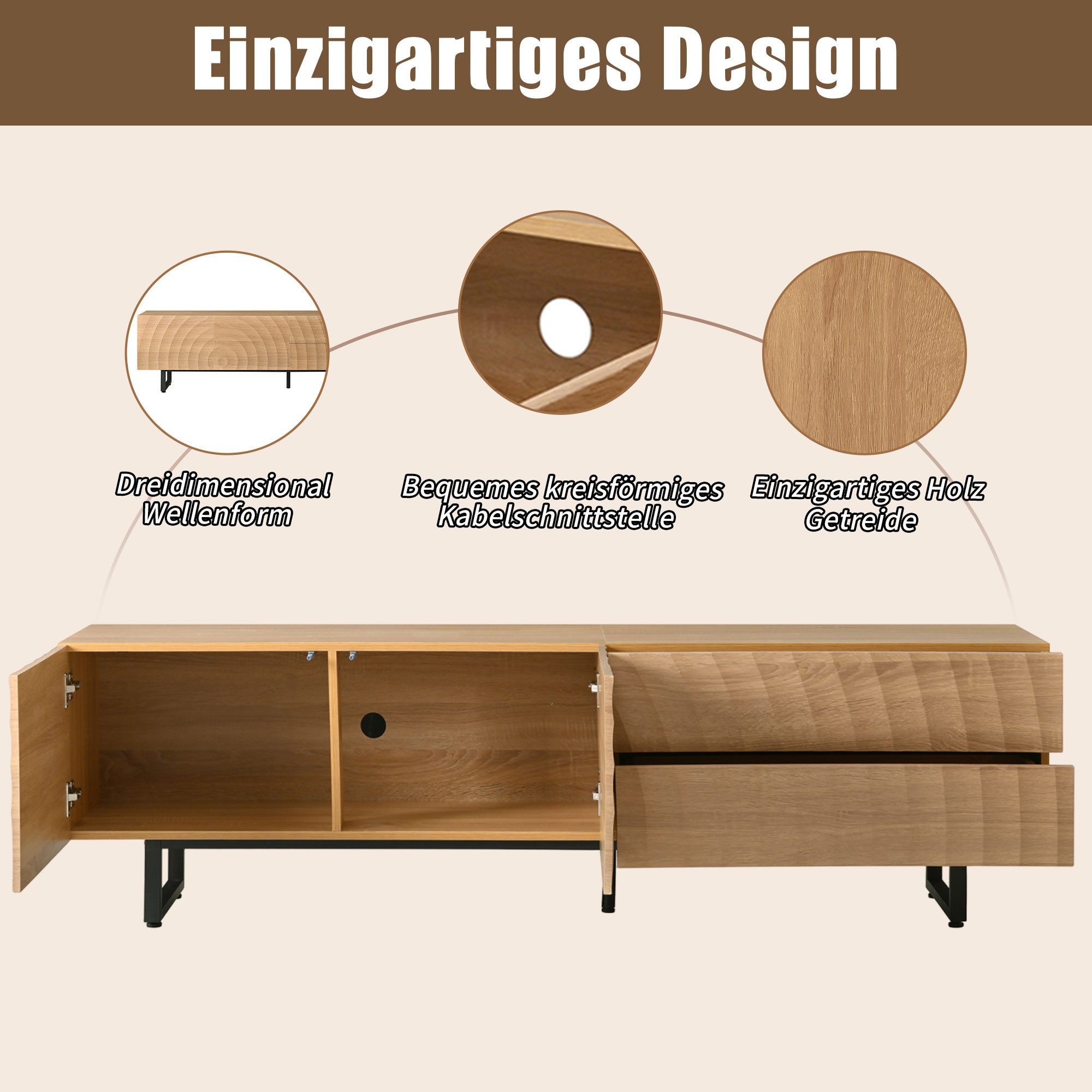 Merax Lowboard mit Metallbeine und 3D Wellenfront in Holzoptik (1 St), TV-Schrank mit 2 grifflose Türen,2 Schubladen & Stauraum,180x38x51.5cm – Bild 4 von 5