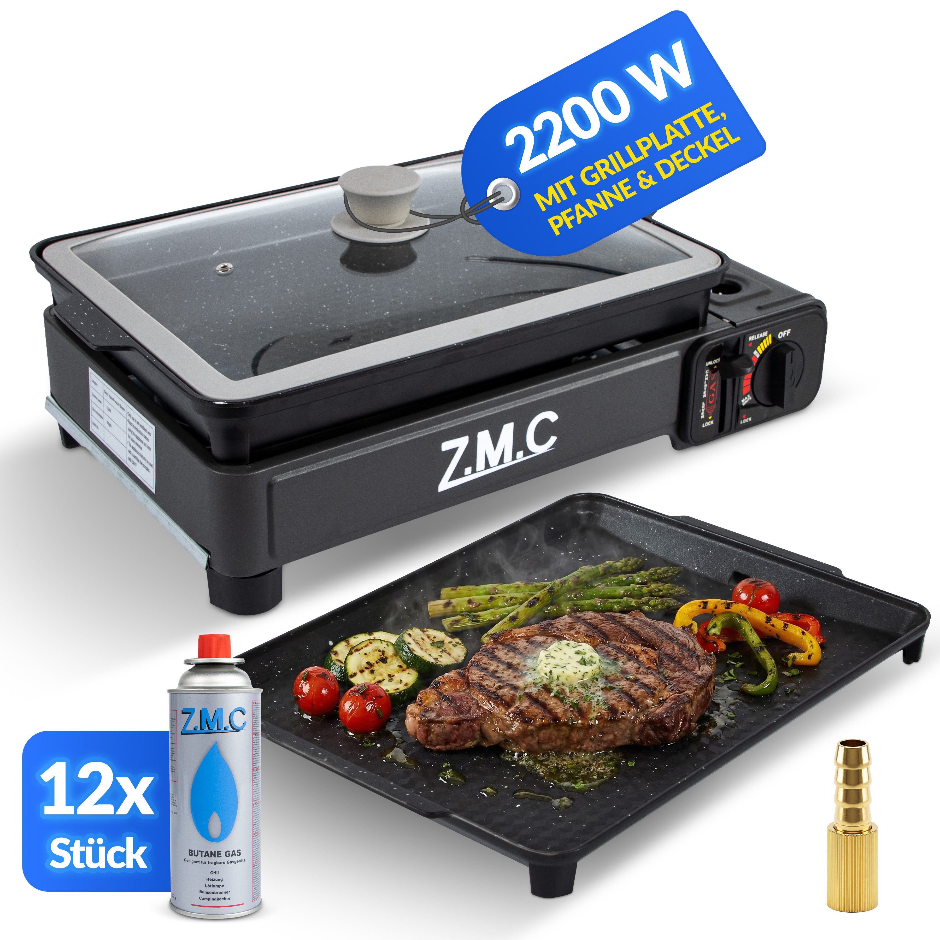 ZMC Gaskocher 2-in-1 Gaskocher Campingkocher und Klein Gasgrill + Gaskartuschen 227g, (inkl. Grillplatte / Pfanne / Glasdeckel, Tischgrill mit Piezo-Zündung, Piezo-Zündung, Piezo-Zündung), tragbarer Kassettengrill für BBQ Camping, Balkon, Outdoor und indoor