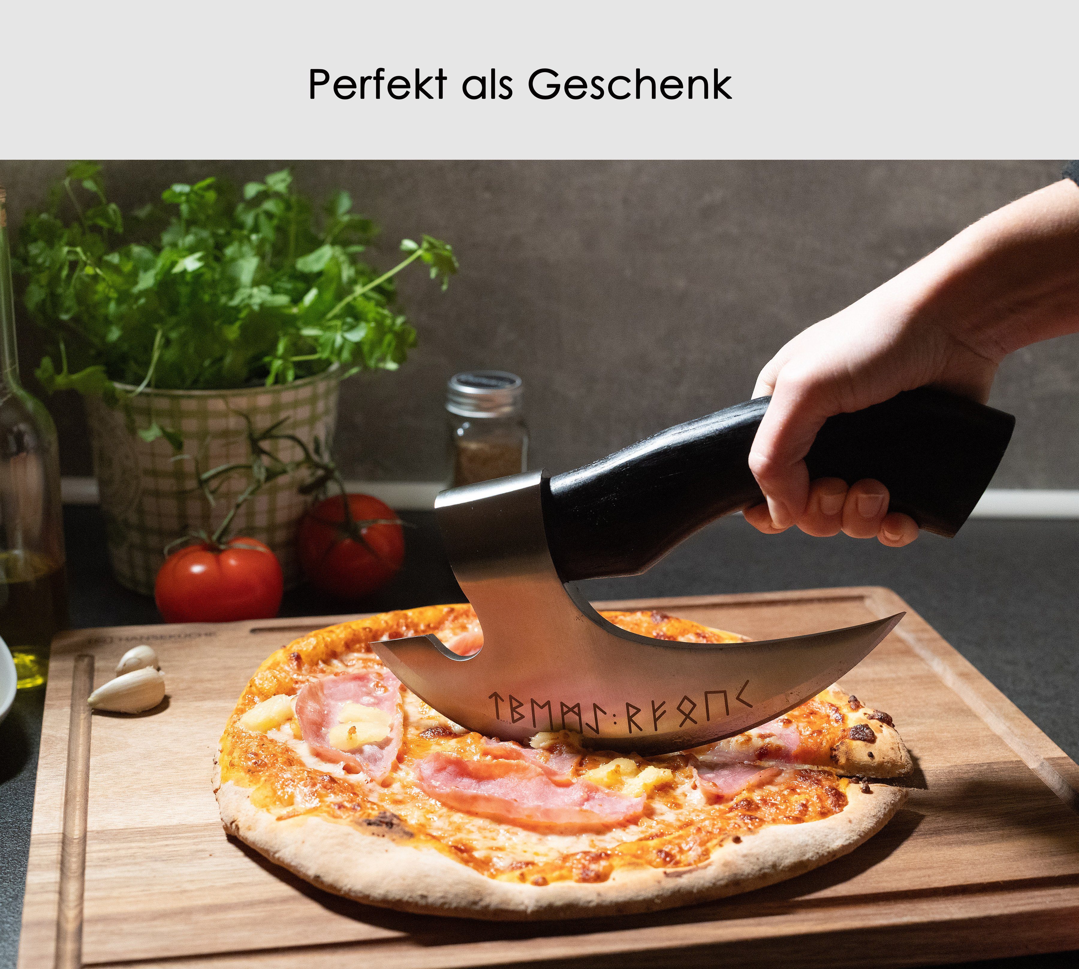 Pizza Axt, Hanseküche und Lederschutz mit Pizzaschneider Runen Wikinger