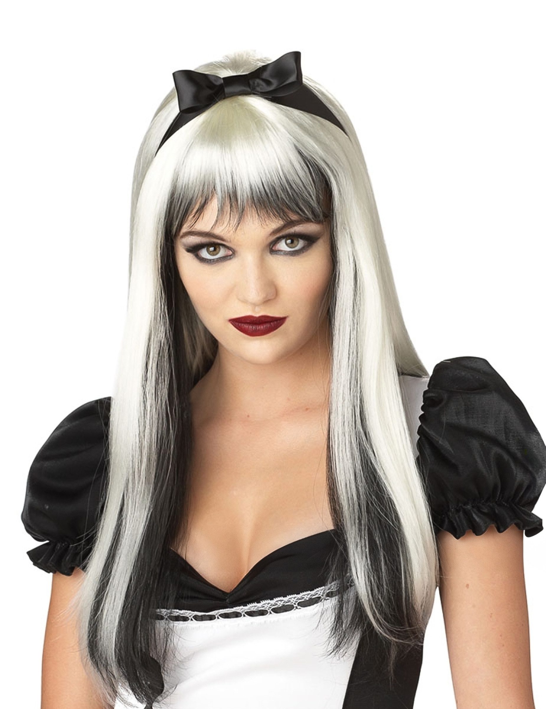 California Costumes Kostüm Halloween Langhaar Perücke mit Strähnen weiß-schwarz