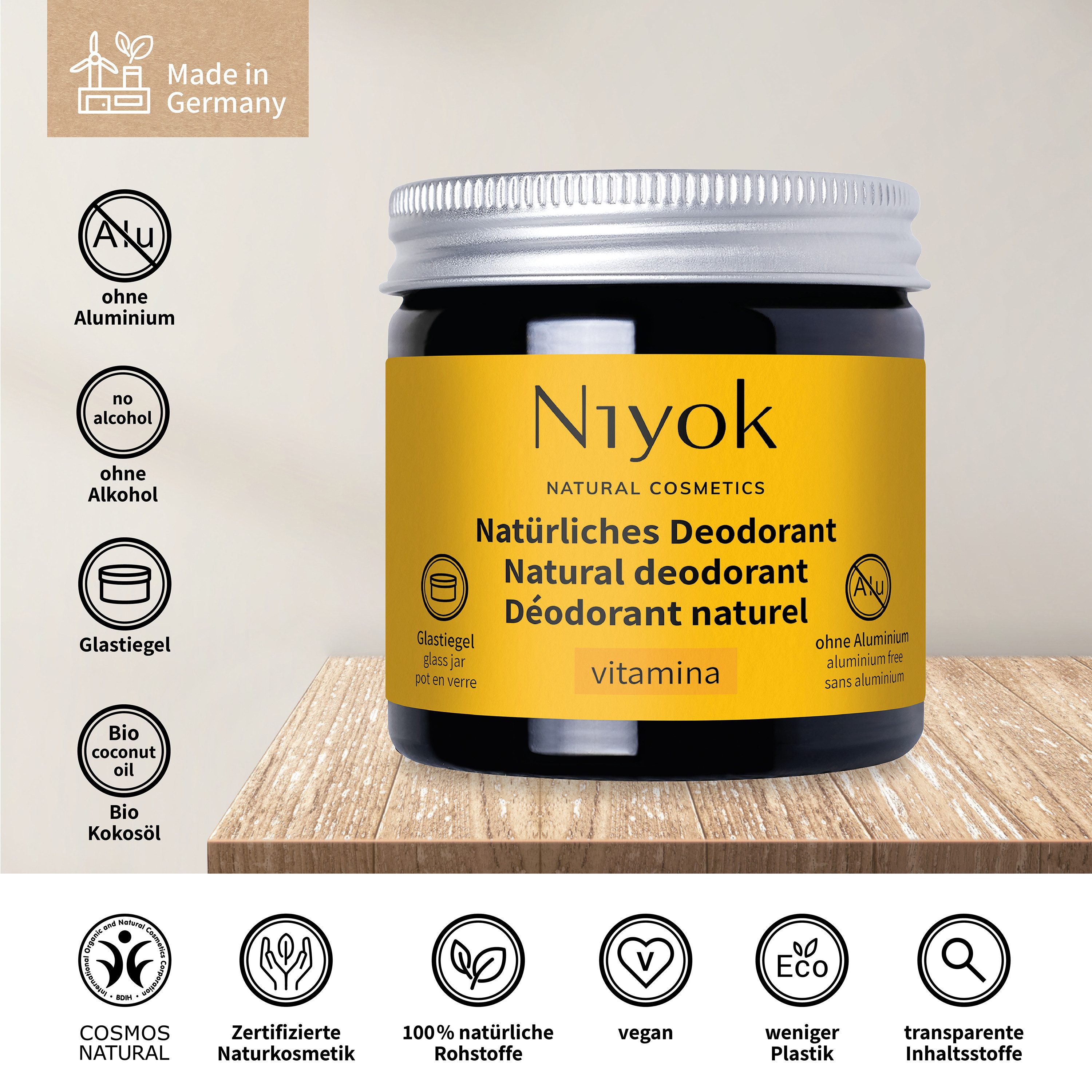 Niyok Deo-Creme 2-in-1 anti-transpirant, Schutz vor Geruch & Schweiß, ohne Alluminium, Vitamina, Deodorant Creme Unisex, Feste Deo Creme, vegan