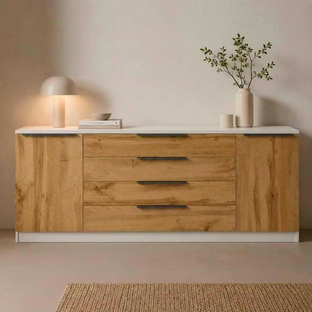 borchardt Möbel Sideboard Tom, moderne Kommode mit Metallgriffen, 200cm breit, 2 Türen, 3 Schubfächer, Metallgriffe anthrazit