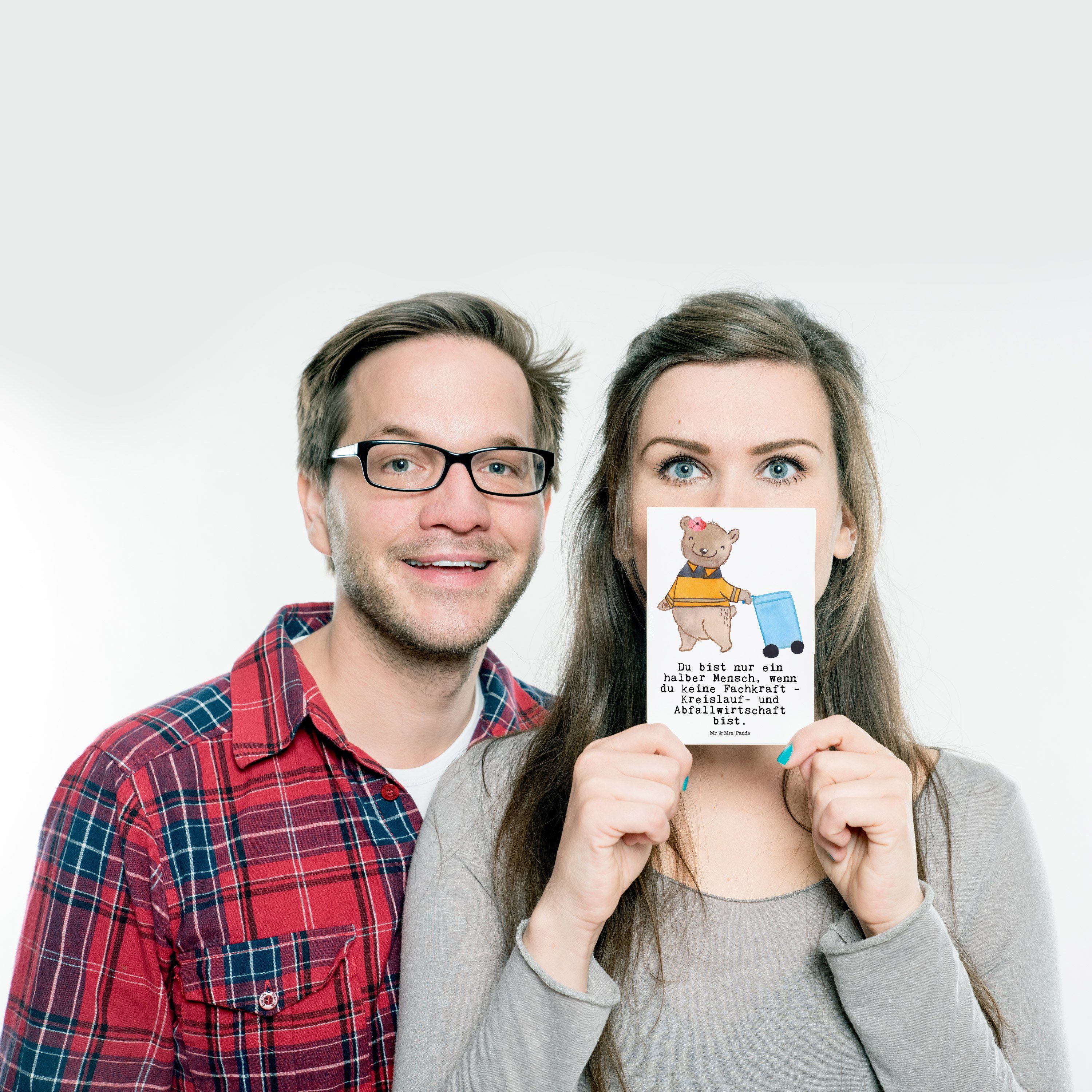 Mr. & Mrs. Herz - Weiß Fachkraft Postkarte Kreislauf- Panda - und - Geschen mit Abfallwirtschaft