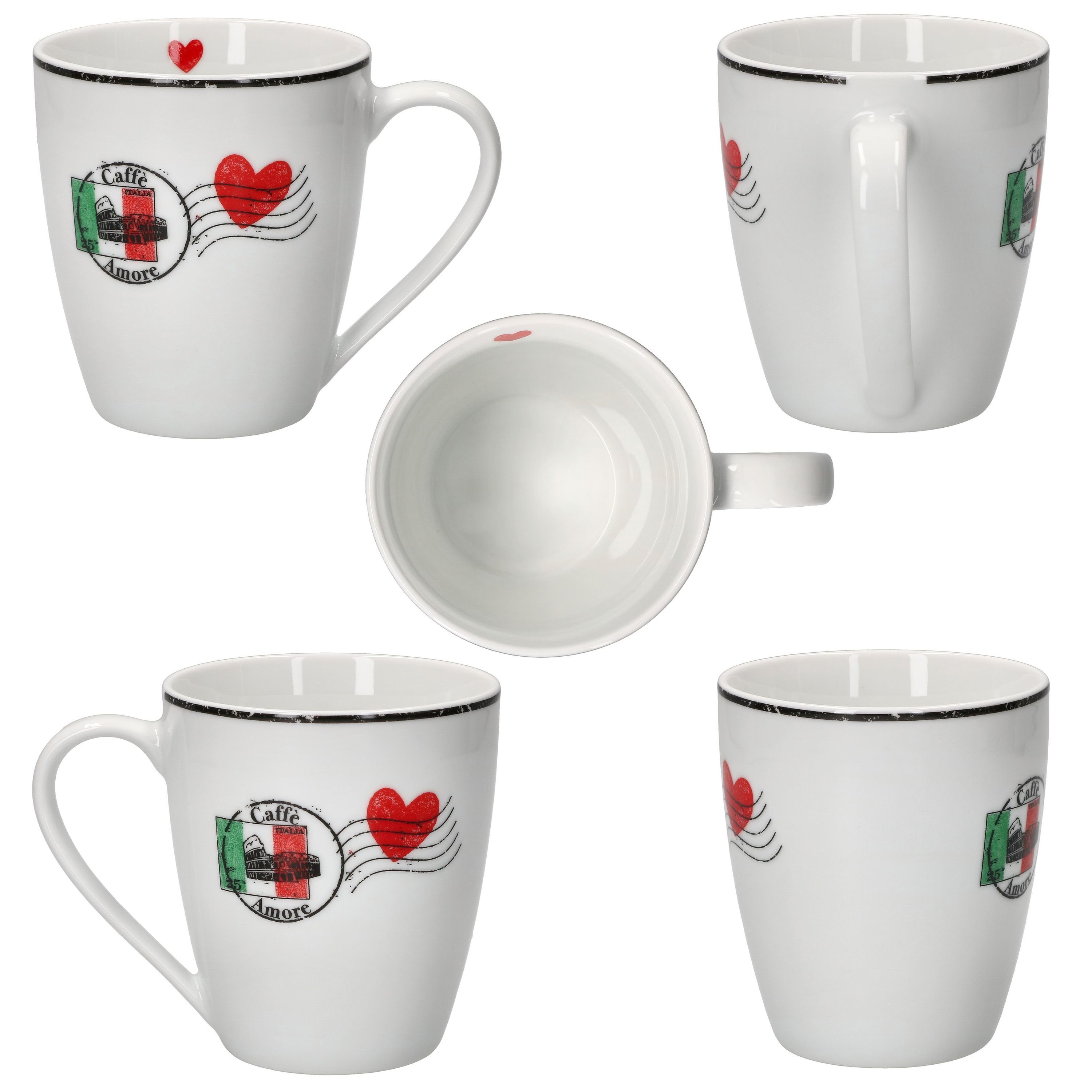 MamboCat Becher Caffee Amore Herz Pott 300ml Set Porzellan Mug Tee-Tasse Tea, Kaffeebecher 6er