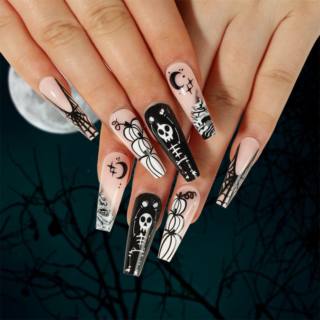 DÖRÖY Kunstfingernägel Damen Halloween Skelett künstliche Nägel, Fake Nails 48 Stück/2 Sets