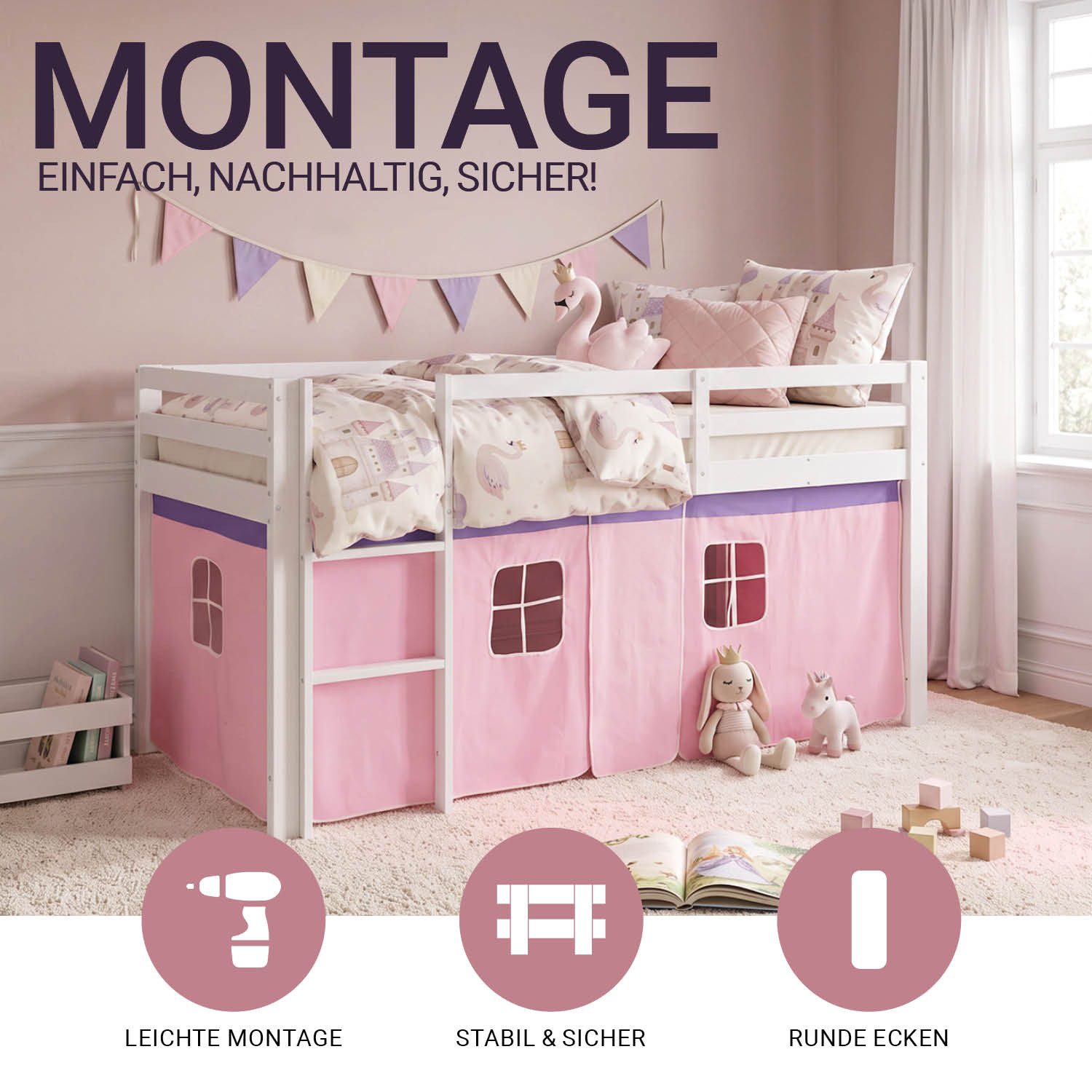 Homestyle4u Hochbett Kinder mit Rutsche mit / ohne Matratze 90x200 Rosa Mädchen (Spar-Set, Matratze mit OEKO-TEX® Standard 100) Kiefer, Jungen Mädchen – Bild 3 von 5