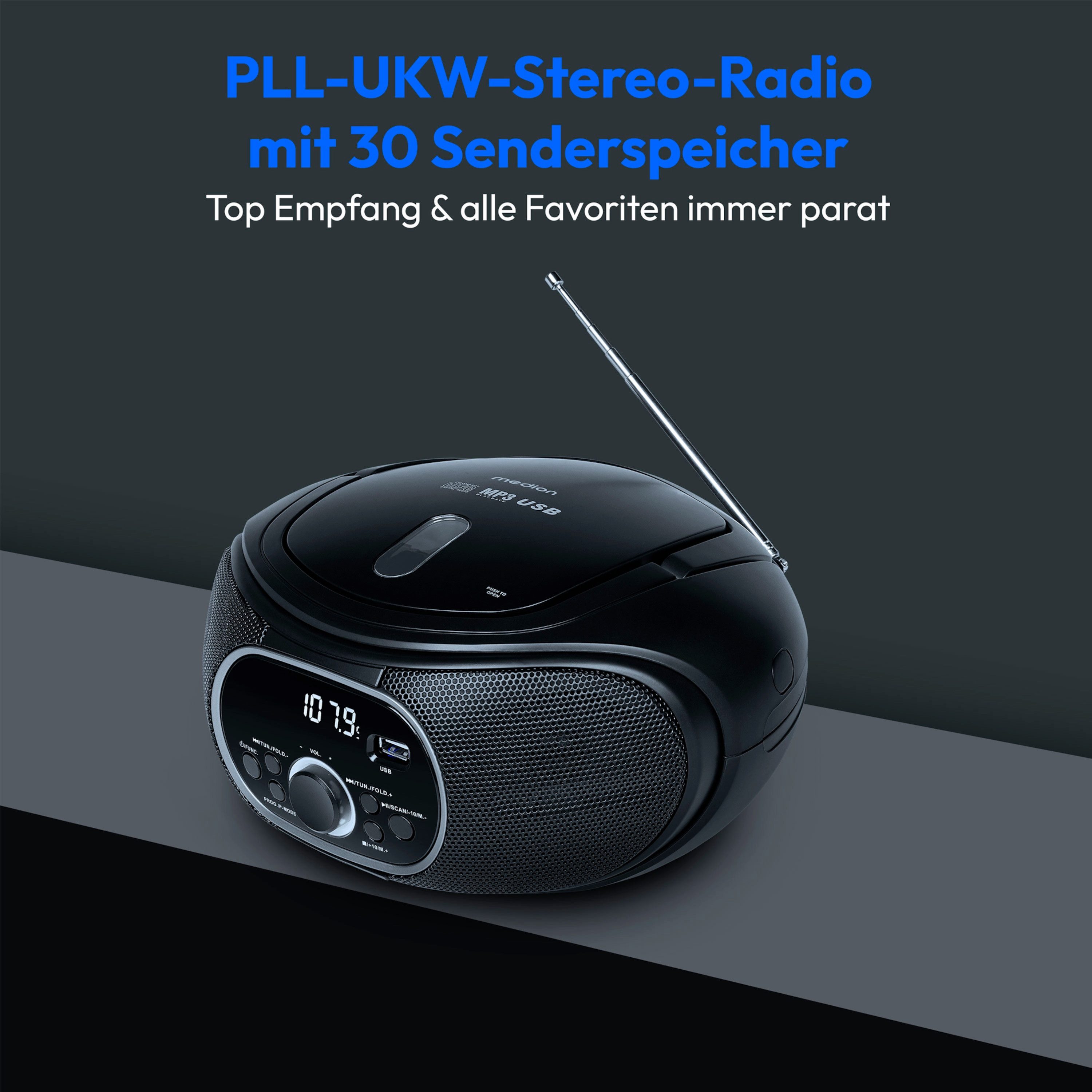 Medion® LIFE® Boombox E65711 (MD 47111) Radio (AM/FM, 12 W, CD/MP3 Player, UKW FM, AUX, Batteriebetrieb, schwarz)