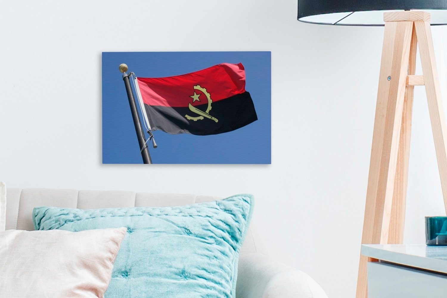 Wanddeko, Aufhängefertig, Leinwandbilder, cm Flagge Leinwandbild hellblauem St), auf 30x20 OneMillionCanvasses® (1 Angola Hintergrund, von Wandbild