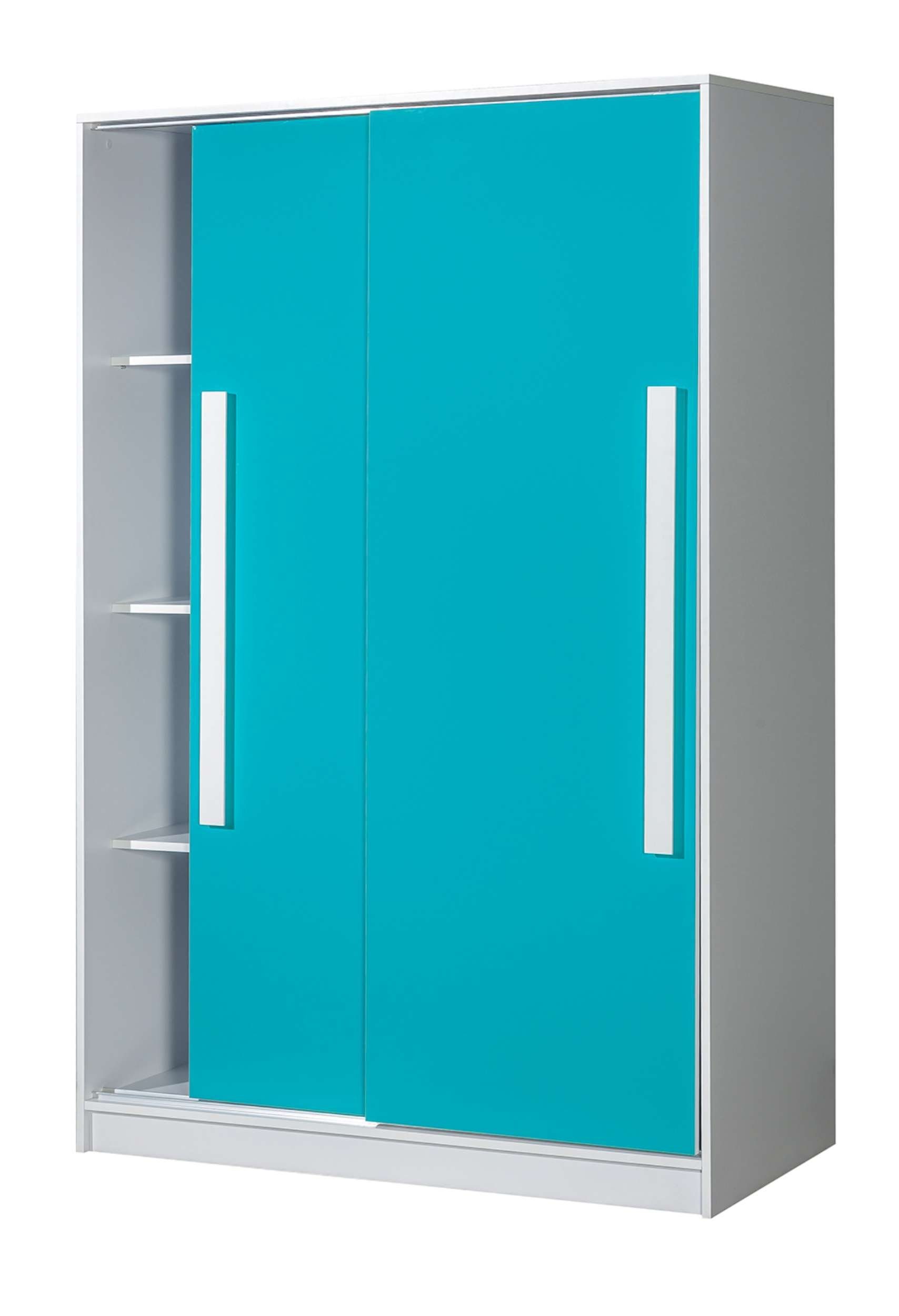 Stauraum, viel 2 Design V Schiebetüren, Modern, Stylefy für Kinderkleiderschrank Türkis Goldie - Kinder Mehrzweckschrank) Weiß (Standschrank,