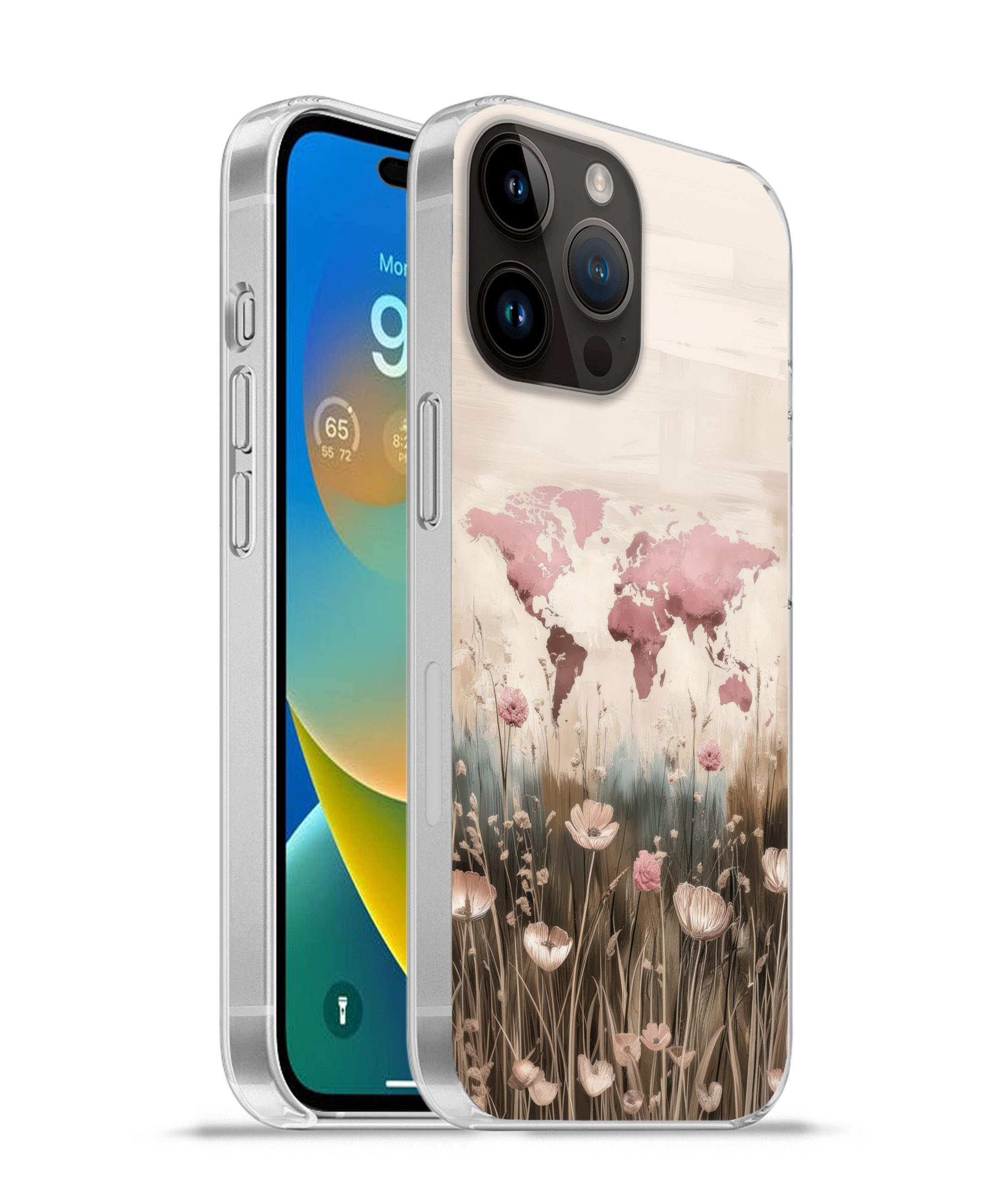 MuchoWow Handyhülle für Apple iPhone 14 Pro Weltkarte - Rosa - Blumen, Smartphone-Bumper, Print, Handy Schutzhülle Dünn