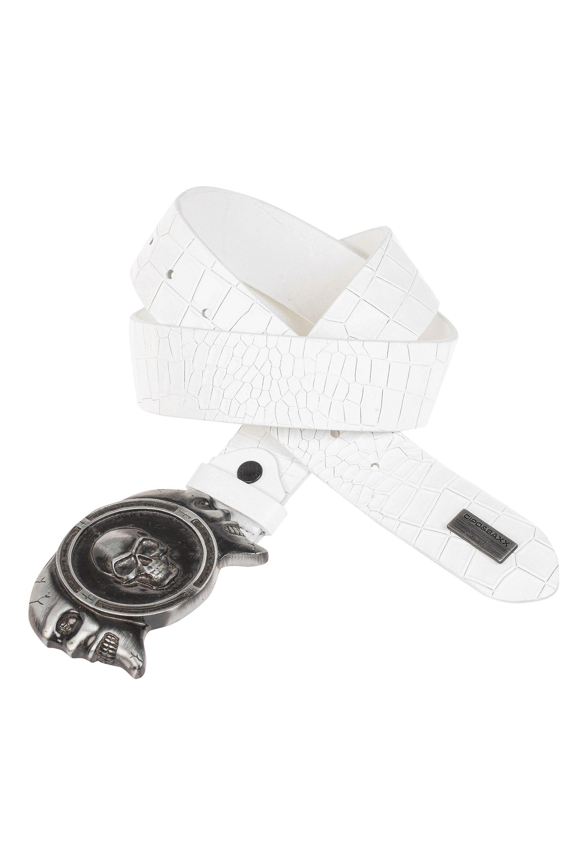 Cipo & Baxx Ledergürtel mit Totenkopf-Schließe cooler weiß