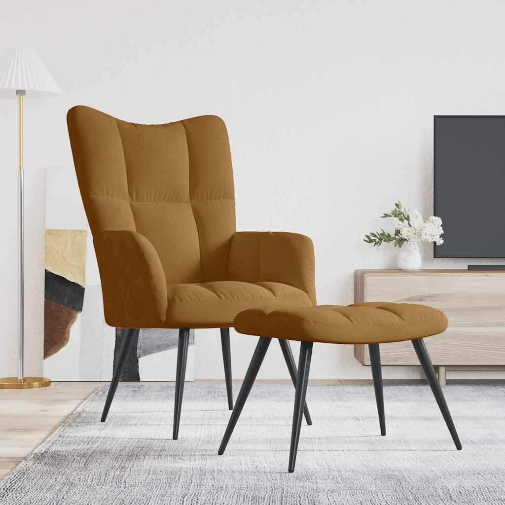 furnicato Relaxsessel mit Hocker Braun 61x70x96,5 cm mit Samtbezug und, Bequemer Loungesessel mit dicker Schaumstoffpolsterung für Wohnzimmer
